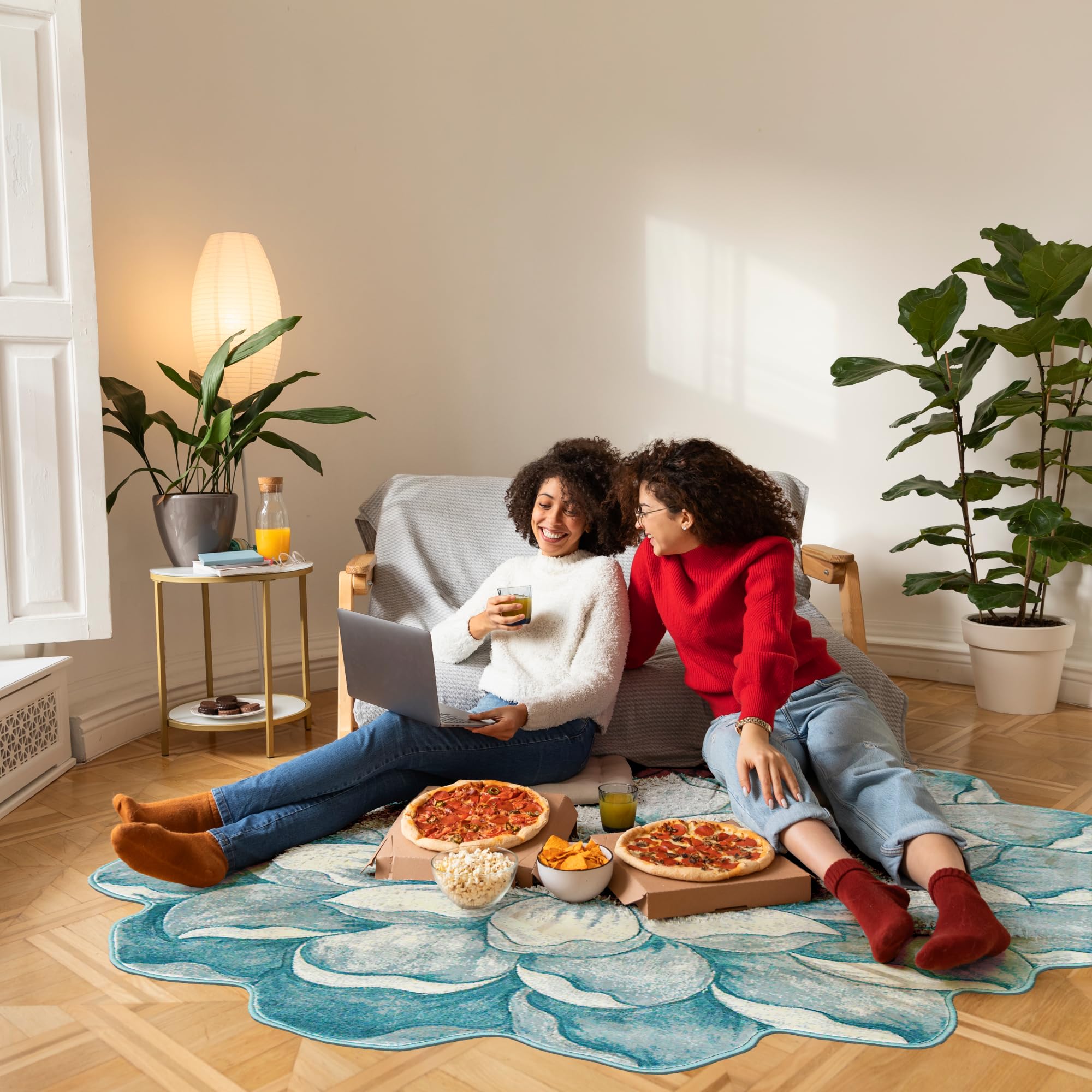 5ft Round Flower Shaped Area Rug - Soft Plush Circle Carpet for Bedroom, Living Room, Nursery | Non-Slip Girly Home Decor (Blue) - Perfect for Boho Chic Decor & Cozy Floor Seating Areas