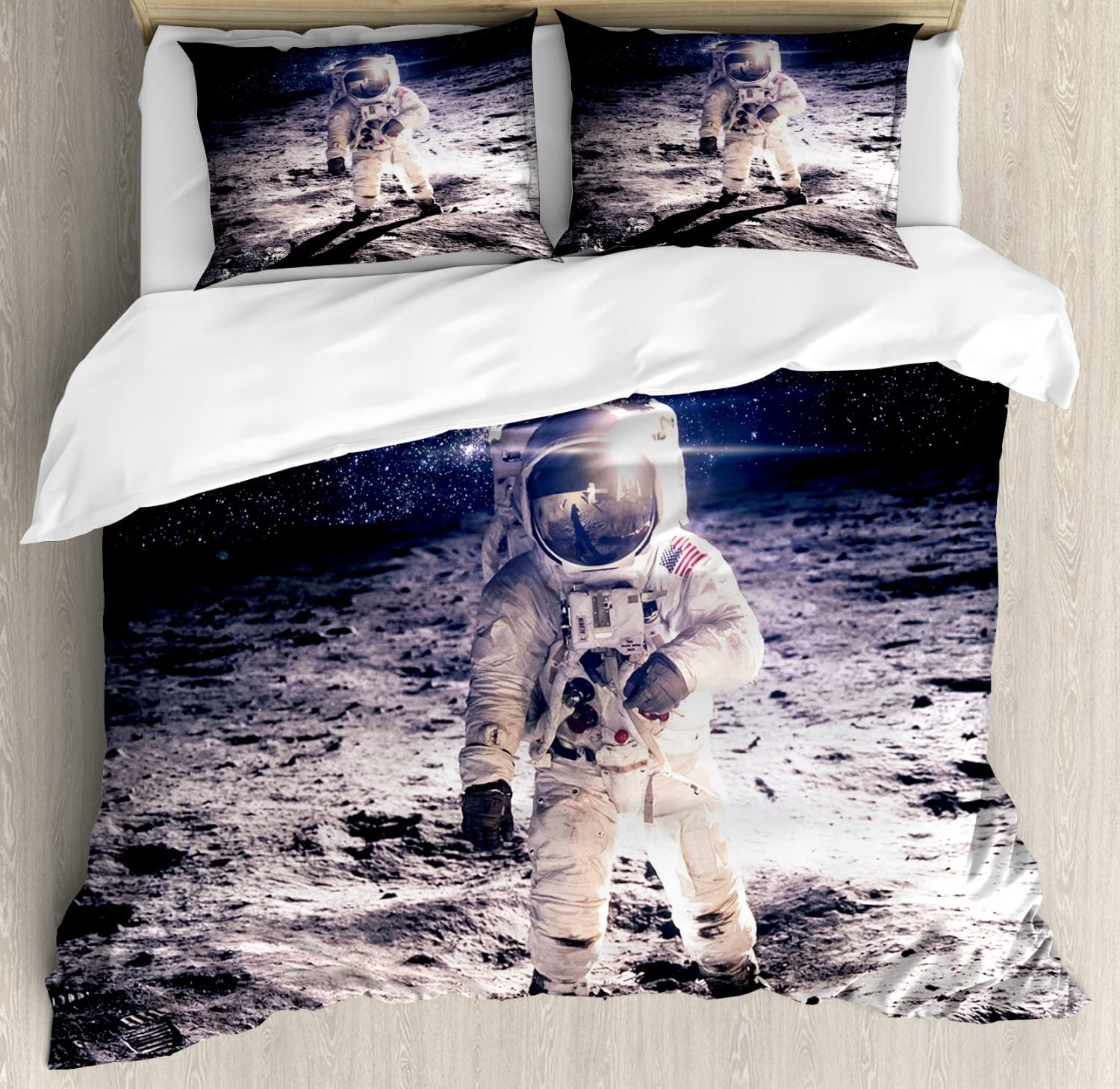 Ambesonne Outer Space Duvet Cover Set - Moon & Astronaut on Cosmic Orbit Galaxy Print - 2 Pack California King Size Bedding (2 Duvet Covers + 4 Pillowcases) - Brown & Blue - Perfect for Sci-Fi Lovers & Space-Themed Bedrooms