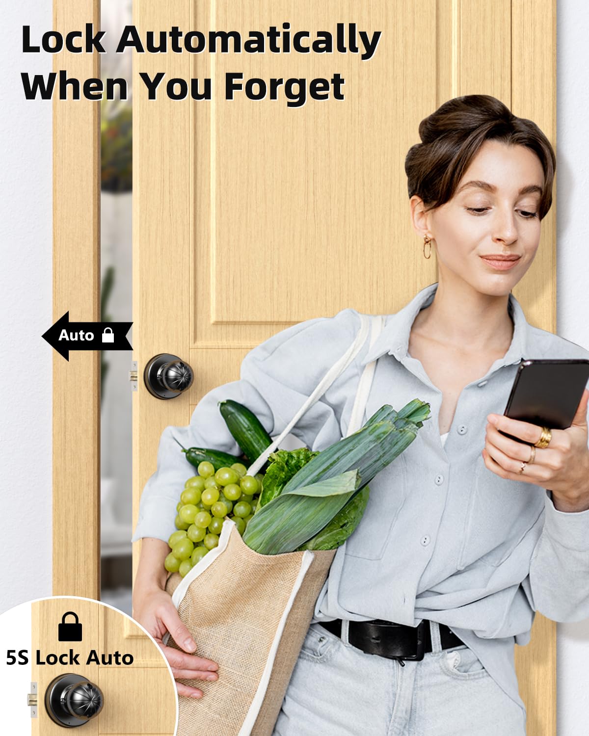Smart Fingerprint Door Lock with App Control & Key - Keyless Entry Door Knob for Home, Office, Garage, Bedroom - Secure Touchless Access for Modern Living