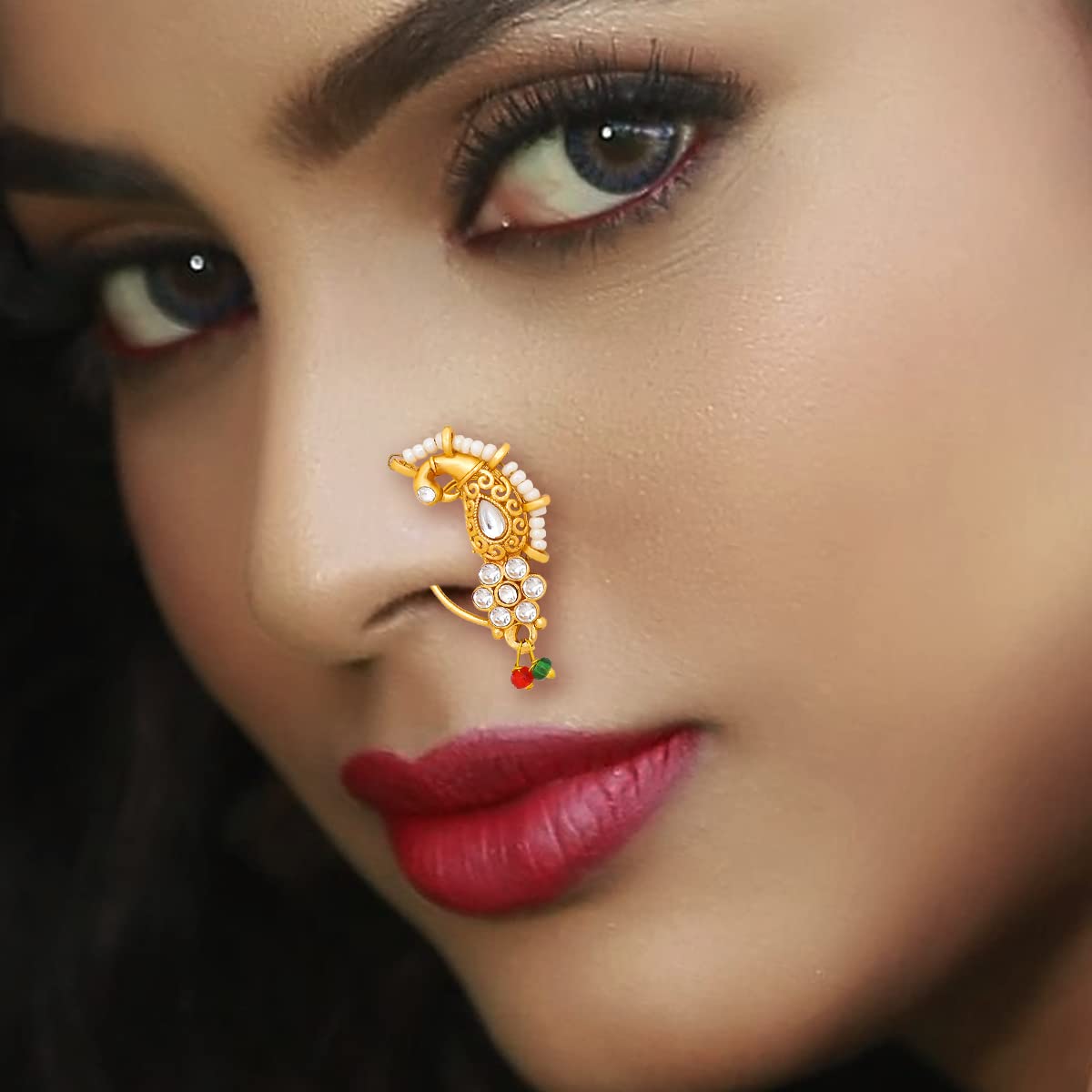 Premium Maharashtrian Nose Pins 137 WH - Traditional Indian Nose Rings for Women, Elegant Gold-Plated Nose Studs for Parties, Weddings & Festive Occasions