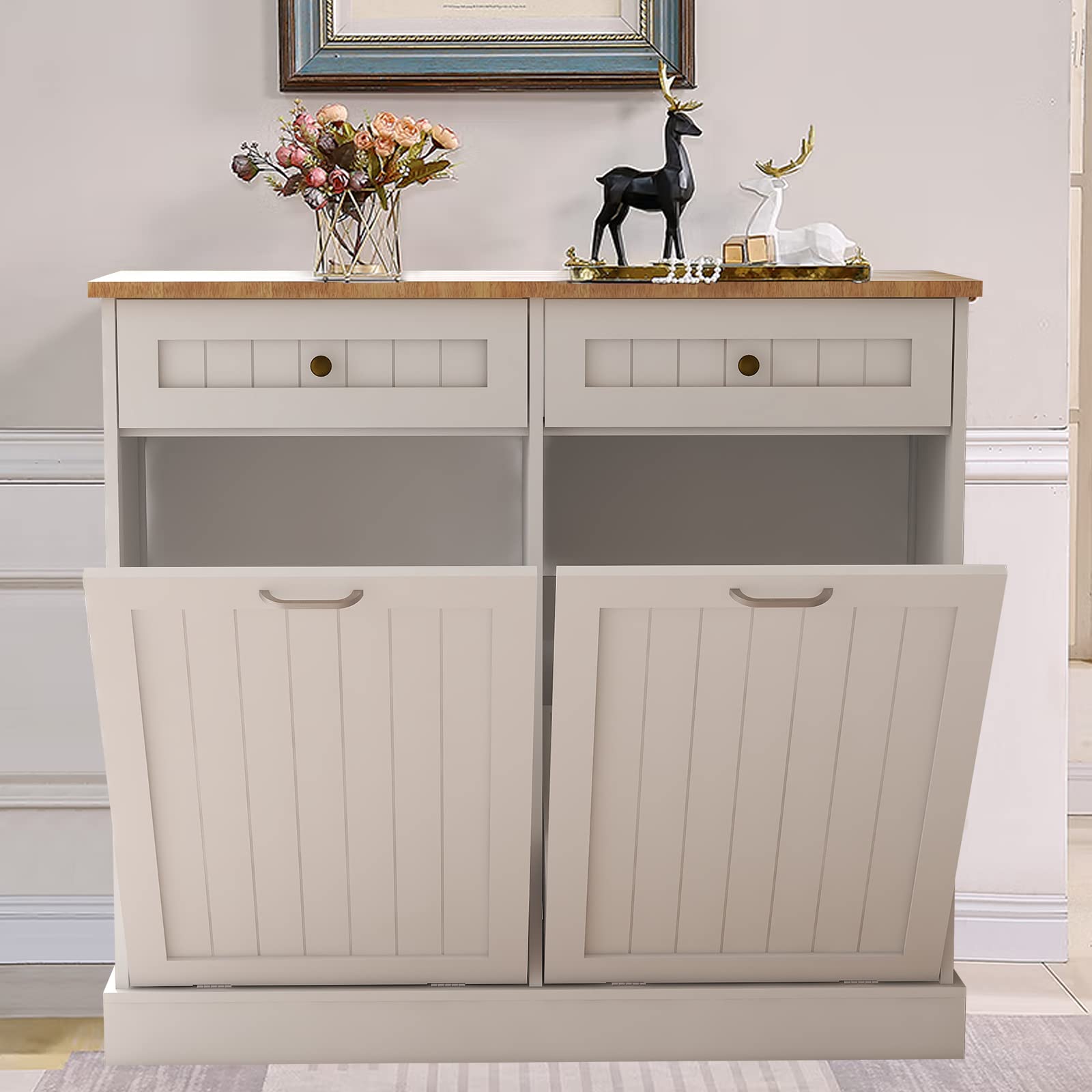 HomVent Wooden Tilt-Out Trash Cabinet - Double Kitchen Trash Can Holder & Recycling Bin Organizer with 2 Hidden Drawers | Perfect for Small Spaces, Under Sink Storage & Waste Management Solutions