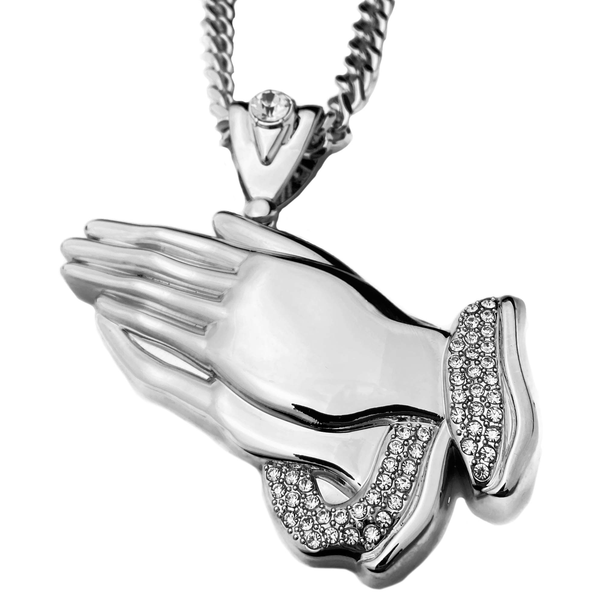 Bling Cartel Large Silver Tone Praying Hands Pendant Necklace - 30