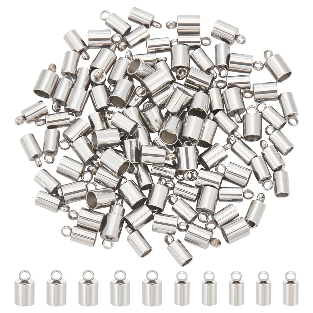 UNICRAFTALE 100pcs 2 Sizes 3mm/4mm 304 Stainless Steel Barrel Cord End Caps - Leather Bracelet Tips, Jewelry Making Supplies for DIY Bracelets, Necklaces & Craft Projects