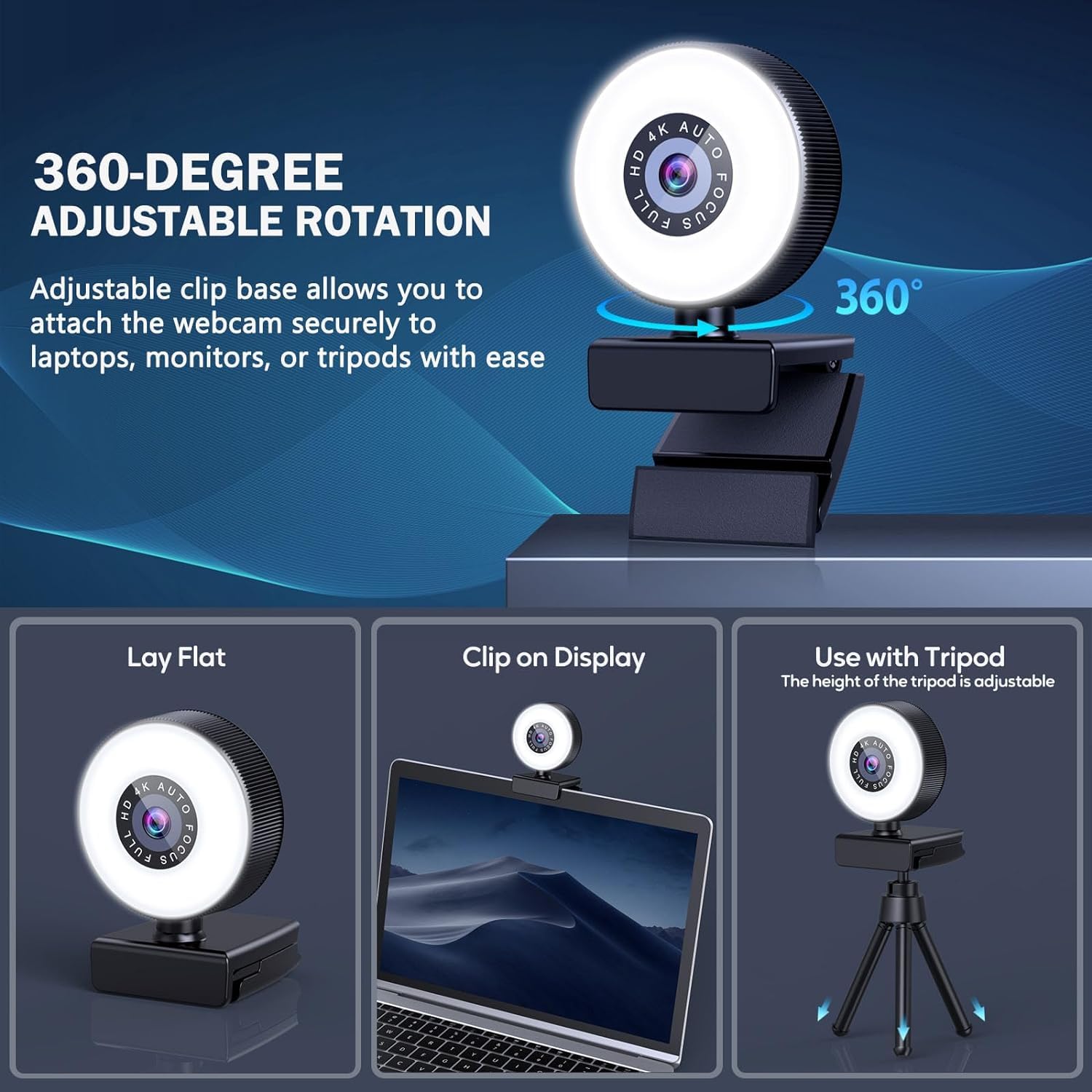 Greethga 1080P HD USB Webcam with Built-in Microphone & Adjustable Ring Light - Perfect for Zoom Meetings, Online Classes, Video Conferencing on Desktop & Laptop