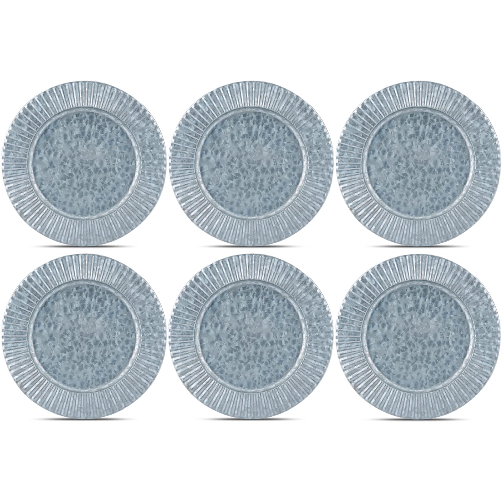 KOXIN-KARLU 6-Piece Ruffled Galvanized Charger Plates Set - 13-Inch Silver Steel Dinner Plate Chargers for Formal Dining, Wedding, and Holiday Decor