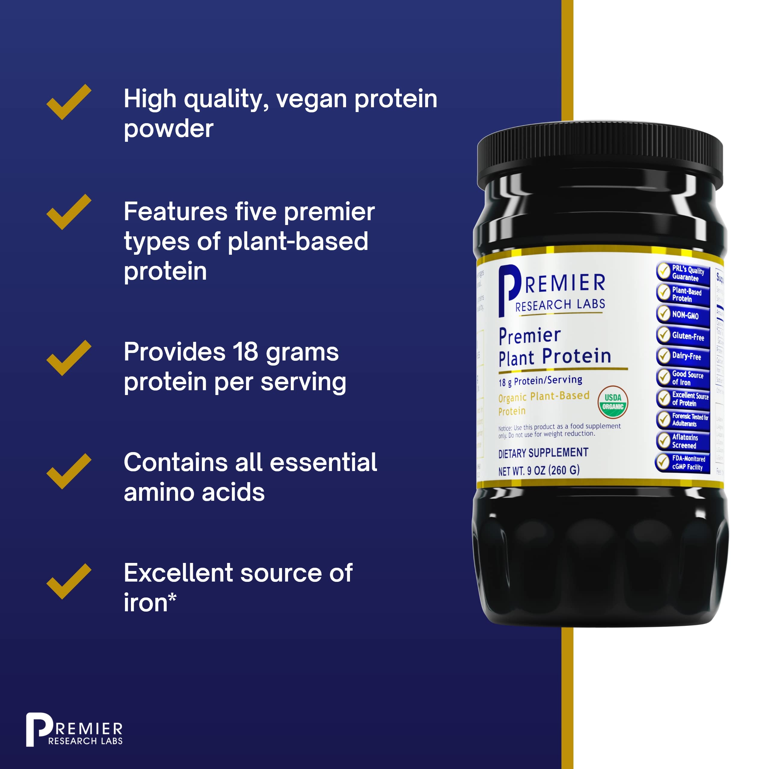 Premier Research Labs Organic Vegan Plant Protein Powder - Dairy Free, Gluten Free, Non-GMO Pea, Pumpkin & Rice Protein Blend (9oz) for Smoothies, Baking & Post-Workout Recovery