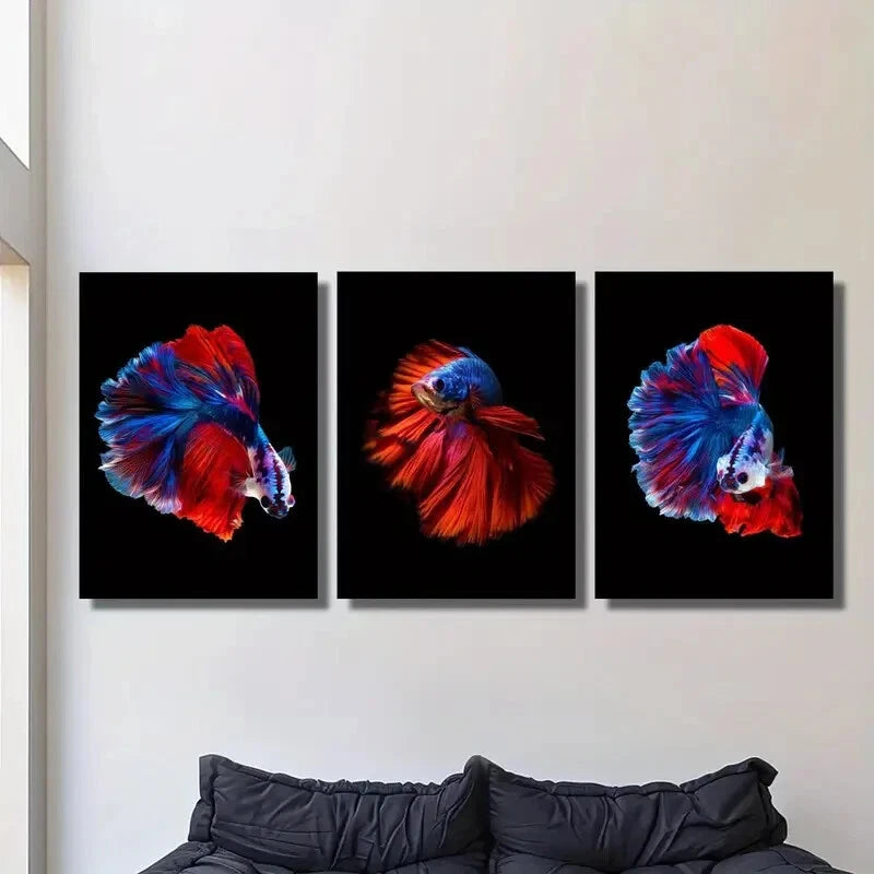 3-Piece Vibrant Blue & Red Siamese Fighting Fish Metal Wall Art - Ready to Hang Tropical Fish Decor for Living Room, Bedroom & Office