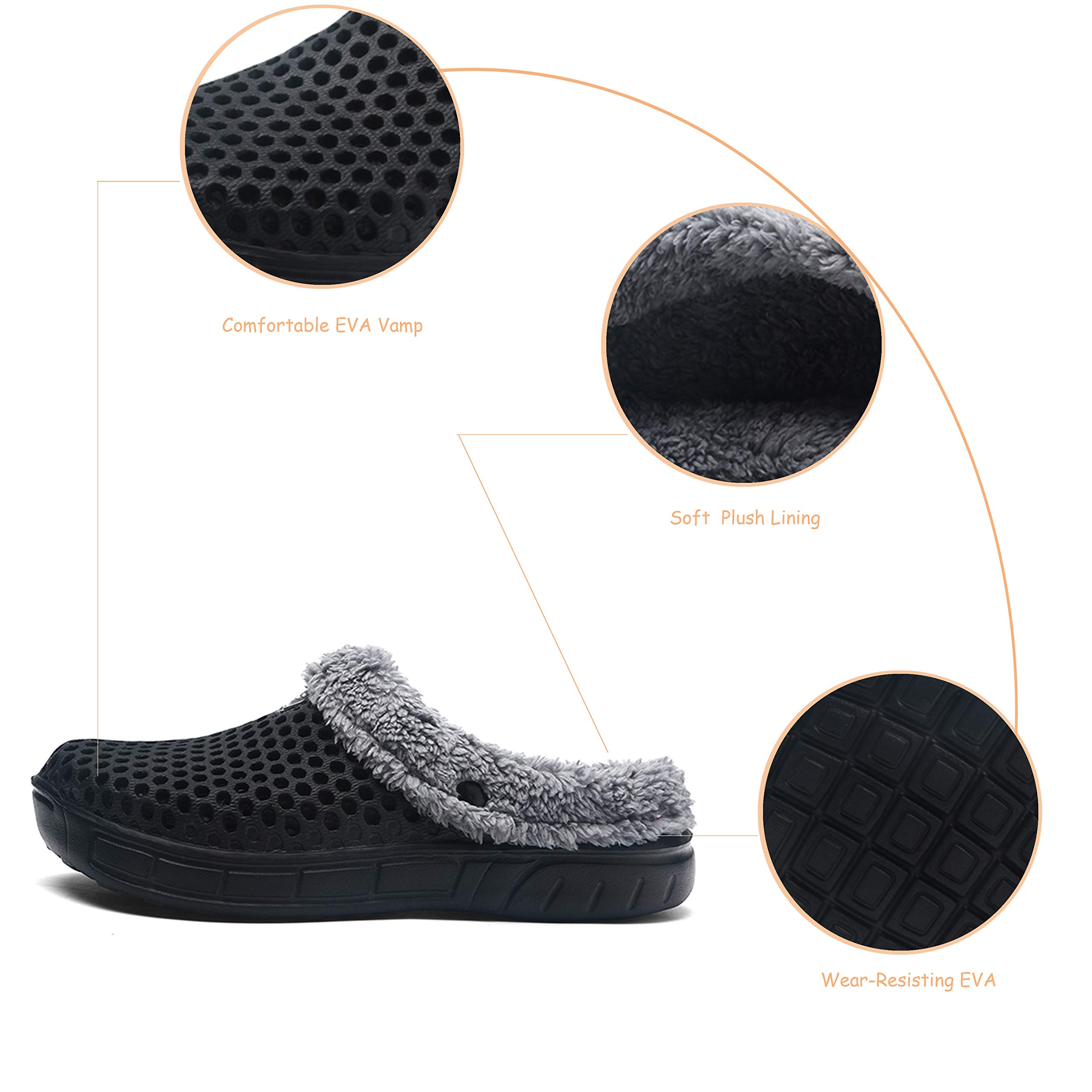 QISHENG Men's & Women's Fur-Lined Mules Clogs - Slip On Garden Shoes, Warm Winter Slippers with Non-Slip Sole - Perfect for Indoor/Outdoor Use at Home, Yard, Beach & Poolside (Black)