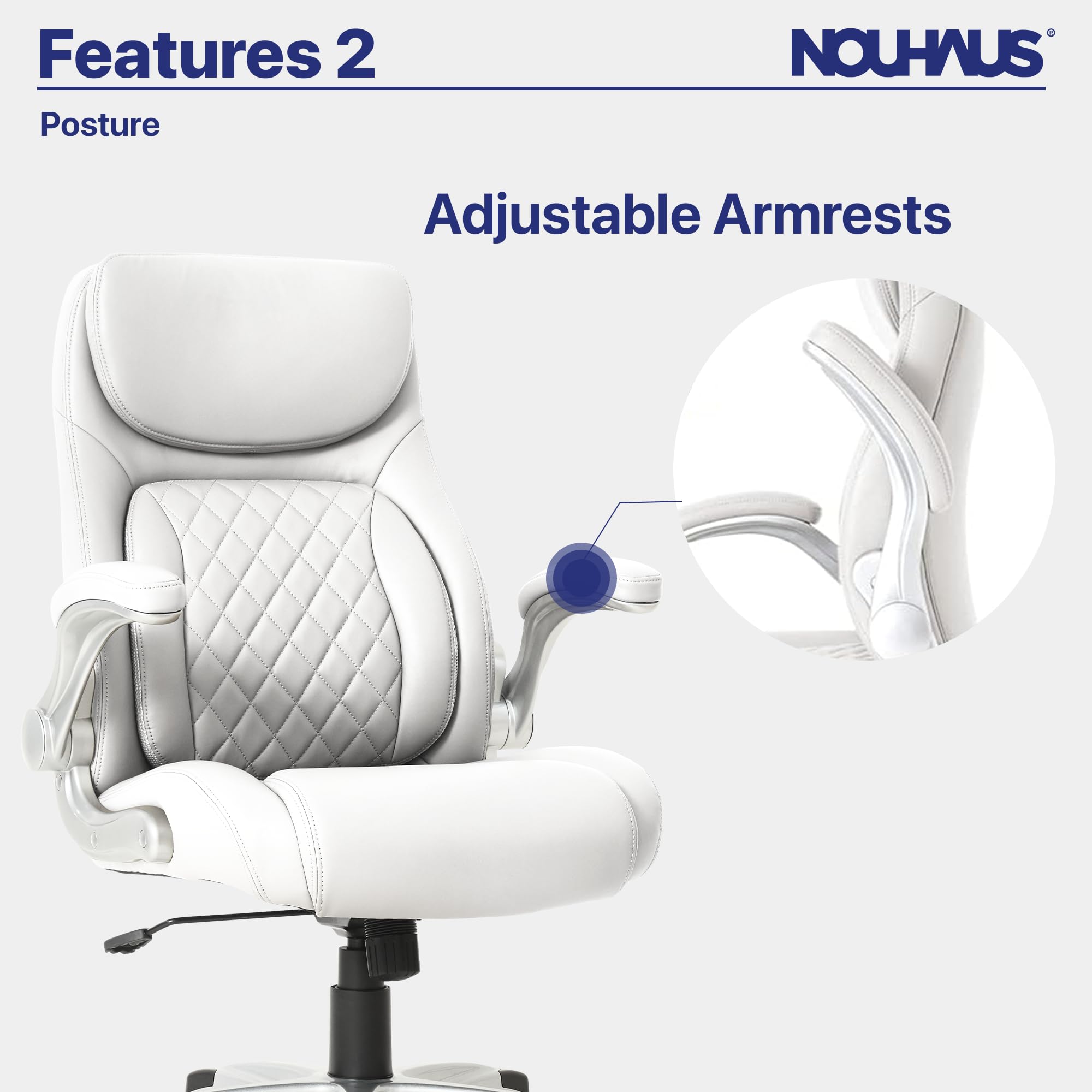 Nouhaus Ergonomic Office Chair with Posture Support - PU Leather Executive Desk Chair with Adjustable Lumbar Support & Flip-Up Armrests - Modern Computer Chair for Home & Office Workspace (White)