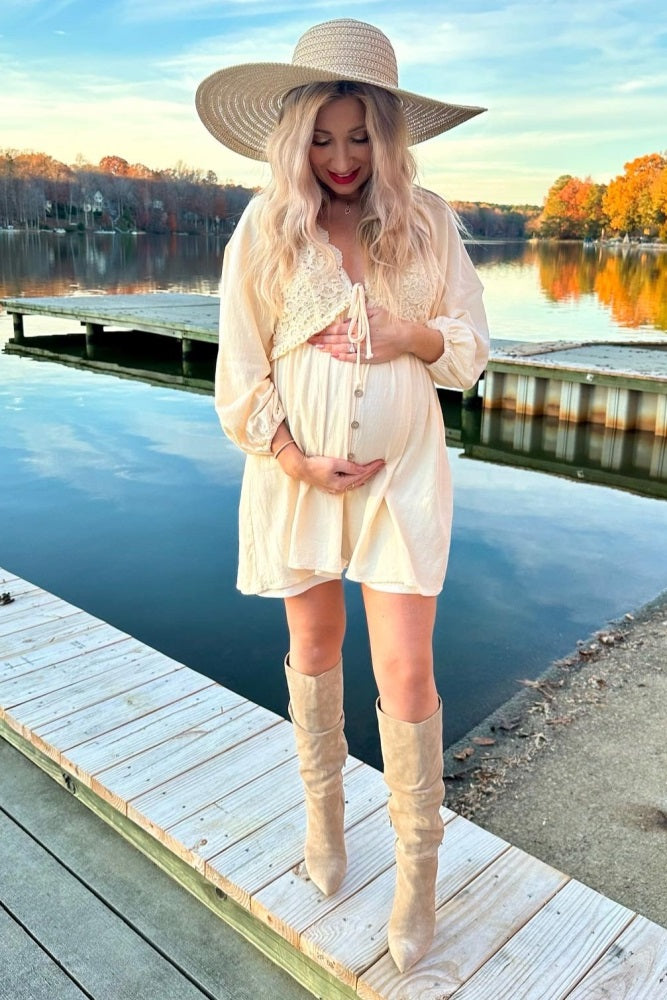 Beige Crochet Lace Button Front Maternity Dress for Pregnancy Photos, Baby Shower & Special Occasions - Comfortable Nursing Dress for Expecting Mothers