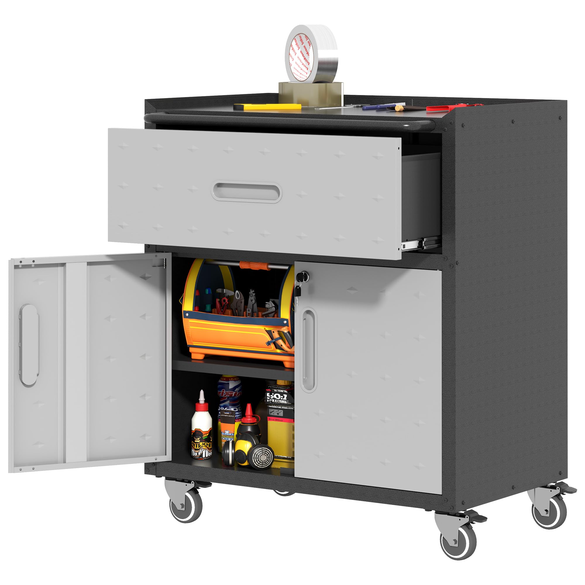 Heavy-Duty Metal Storage Cabinet with Wheels - Rolling Tool Cabinet with Adjustable Shelves & Locking Mechanism - 1 Drawer & 2 Door Garage Storage Organizer for Tools, Workshop, Garage (Black/Grey) - Easy Assembly Required - Perfect for Tool Storage, Workshop Organization & Garage Shelving Solutions