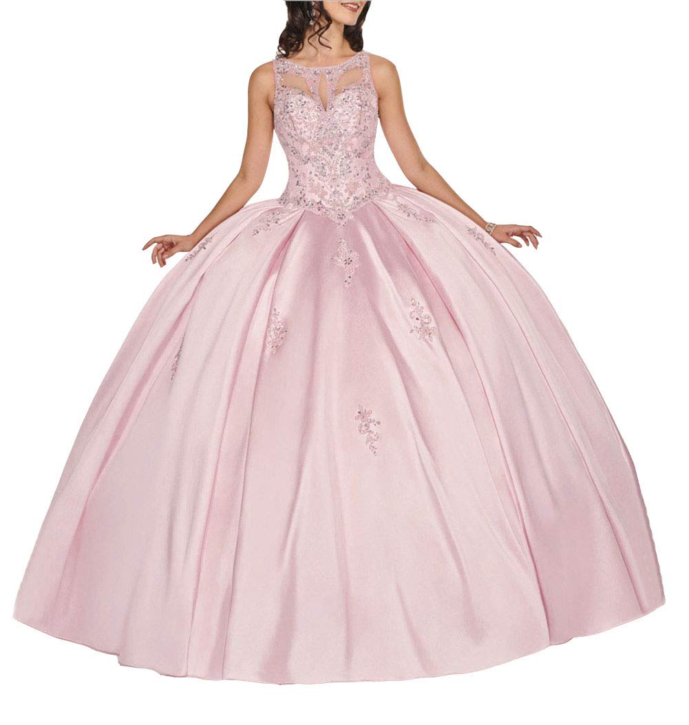 Emmani Women's Light Pink Sleeveless Rhinestone Quinceanera Dress - Sheer Neck Satin Prom Formal Gown for Sweet 16, Homecoming & Special Occasions