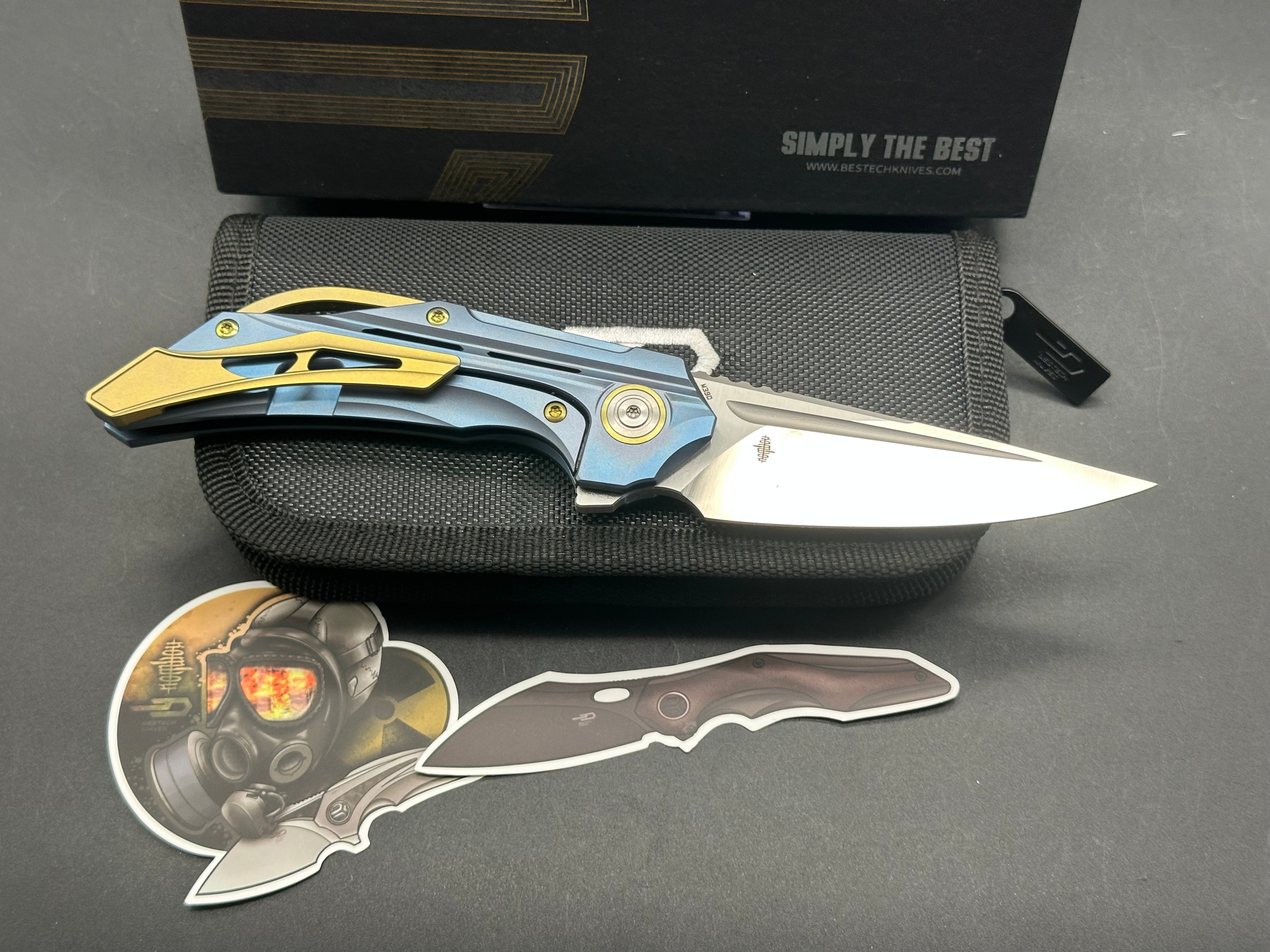 Bestech Kombou Vigil Folding Knife - Blue Titanium Handle, Gold Hardware, M390 Steel Blade, Drop Point, Satin Polish | EDC, Outdoor Survival, Camping, Hunting Gear