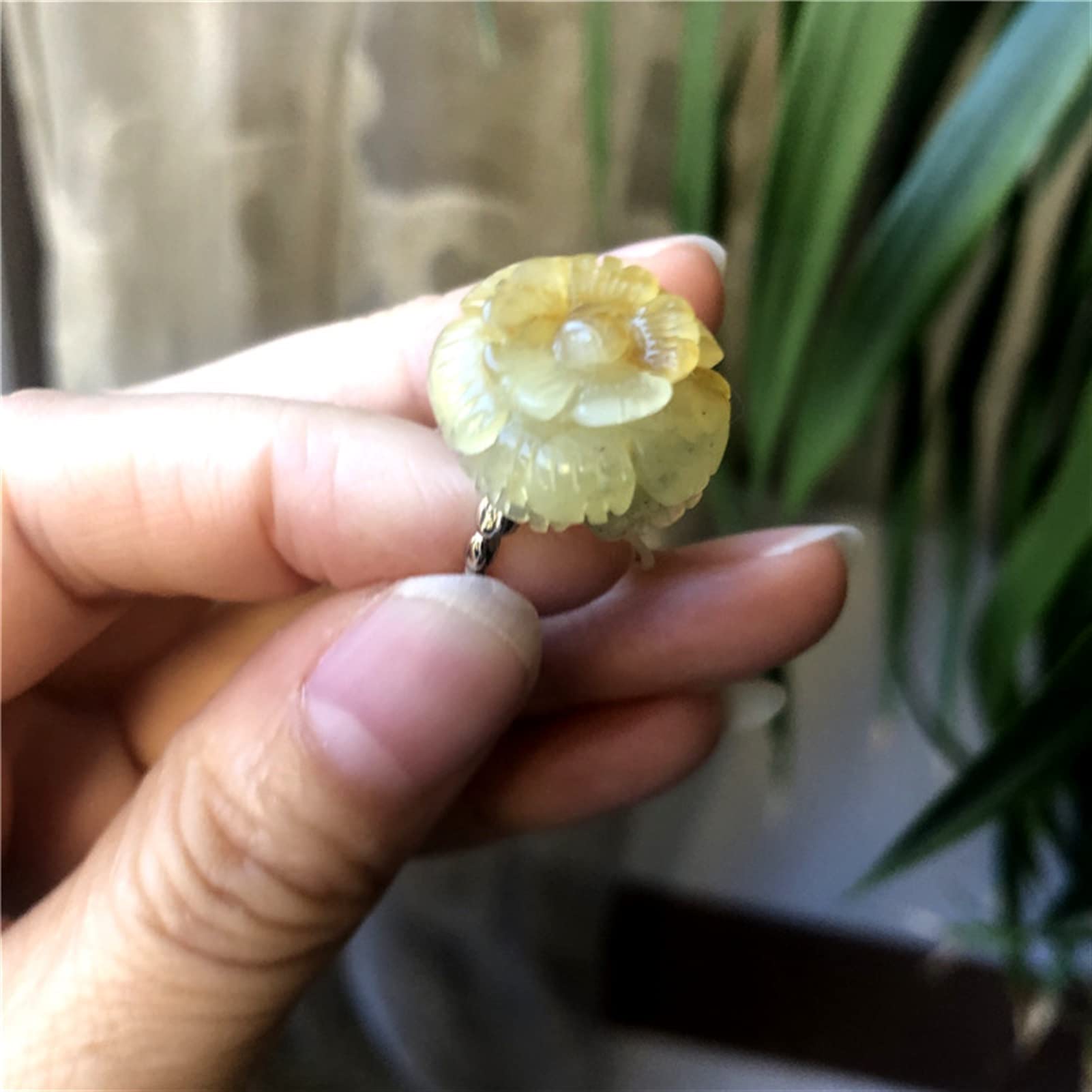 Zhengbo Natural Xiuyu Flower Jade Ring with 925 Sterling Silver - Adjustable Size Women's Jewelry for Everyday Wear, Gift Giving & African Inspired Fashion Accessories