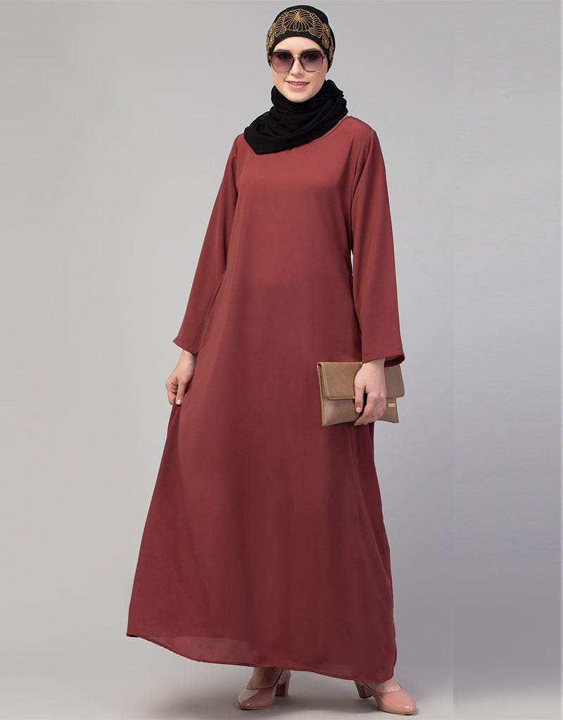 Elegant Flared Hem Abaya Dress for Women - Rust Color Modest Islamic Clothing for Casual Wear & Special Occasions