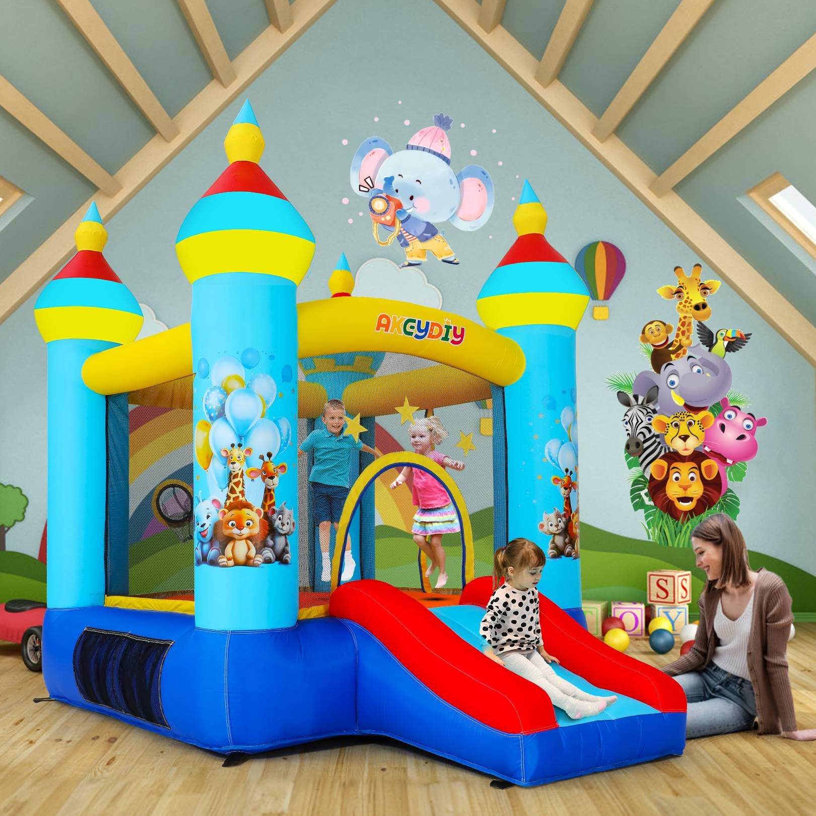 AKEYDIY Inflatable Bounce House for Kids Ages 3-8 - Tropical Jungle Themed Outdoor/Indoor Bouncy Castle with Slide, Jumping Area & Ball Toss Game - Includes Blower - Perfect for Birthday Parties, Backyard Play & Family Gatherings