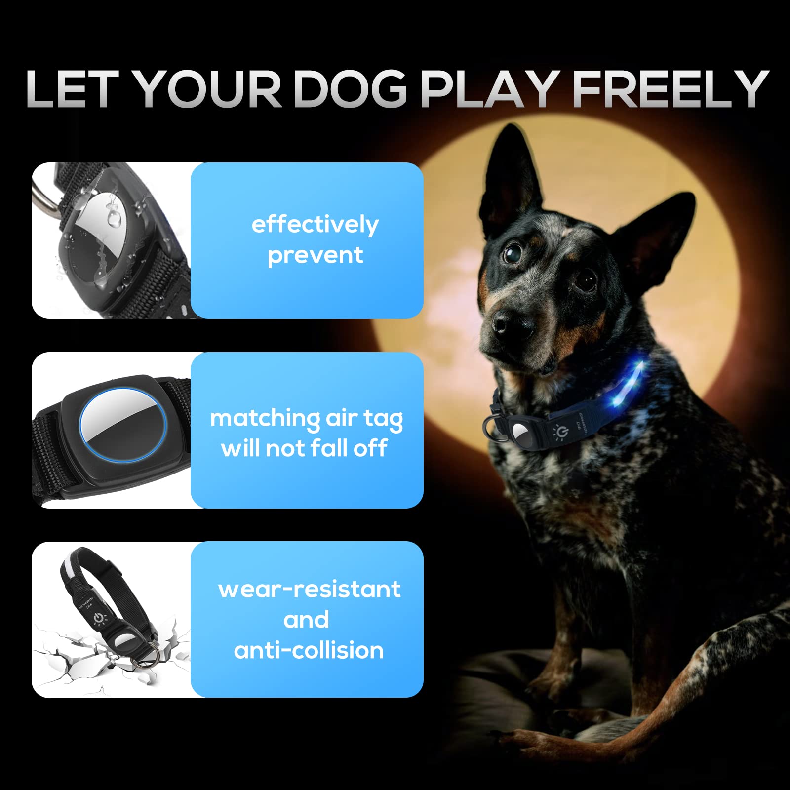 LED AirTag Dog Collar with Light - IPX7 Waterproof Rechargeable Light Up Collar with Apple AirTag Holder for Small Medium Large Dogs | Perfect for Night Walks, Pet Safety & Tracking