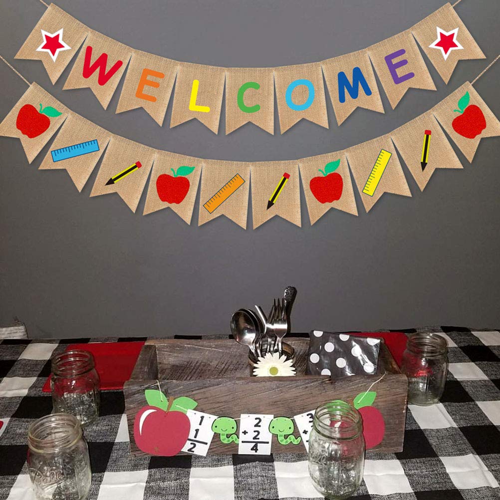 First Day of School Burlap Banner - Welcome Back Bunting for Classroom Decor, Party Pull Flag, Photo Props - Perfect for Back to School Decorations & Celebrations