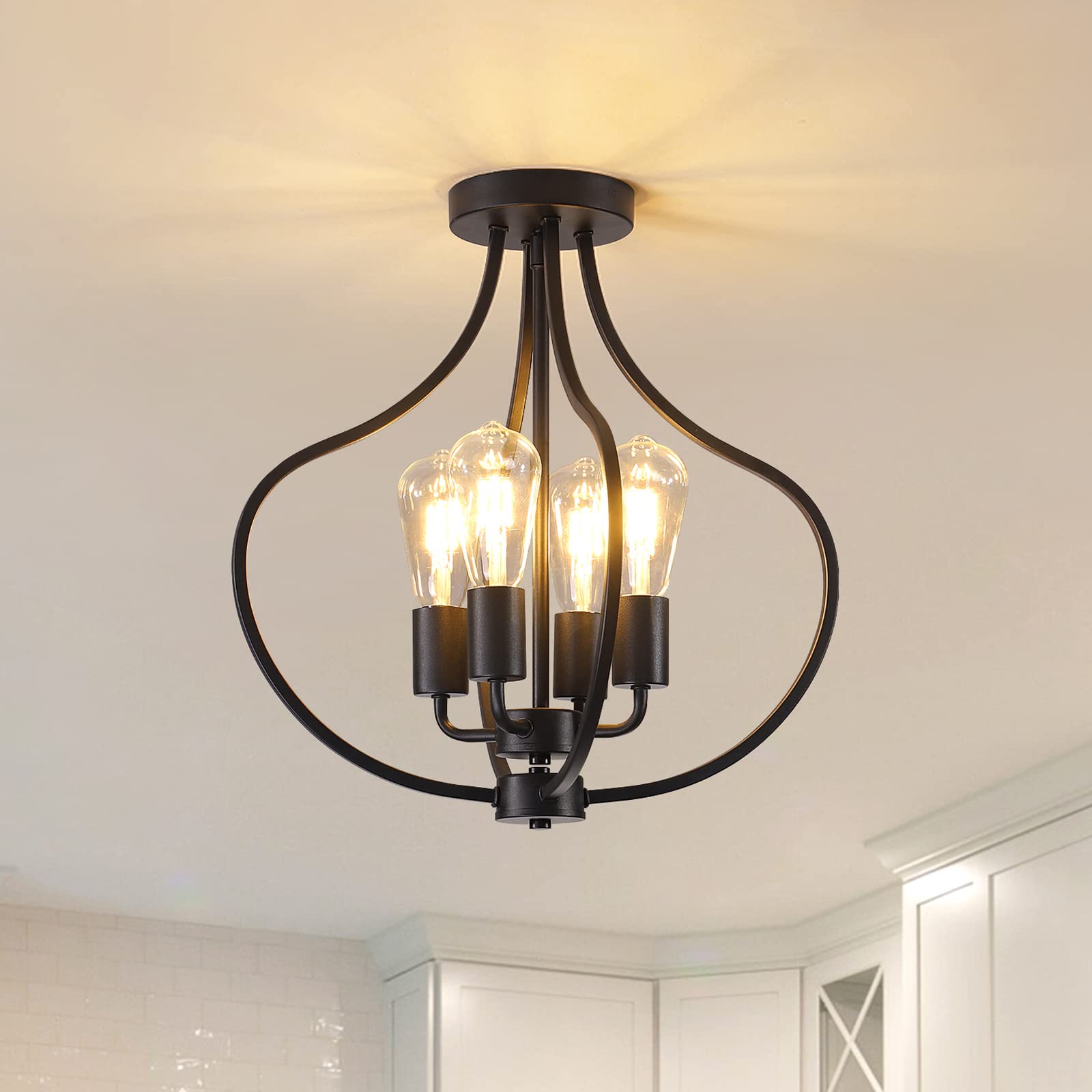 4-Light Modern Semi Flush Mount Ceiling Fixture - Farmhouse Black Chandelier with Industrial Style - Perfect for Kitchen Island, Dining Room, Bedroom, Living Room, Foyer, Entryway & Hallway Lighting - Ideal for Home, Office, Restaurant and Commercial Spaces