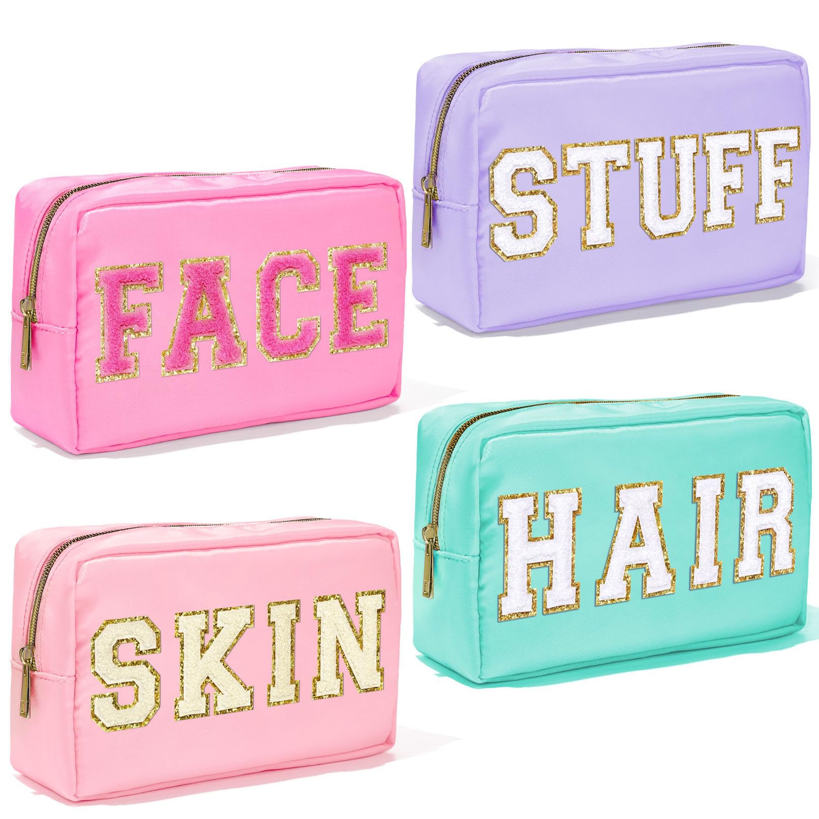 4 Pack Nylon Makeup Bags - Preppy Cosmetic Organizer with Chenille Letters, Waterproof Travel Toiletry Pouches for Women (SKIN STUFF HAIR FACE) - Perfect for Travel, Gym & Daily Essentials Storage