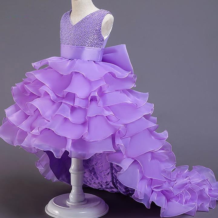 Elegant Princess Flower Girl Dress with Cascading Ruffles & Bow - Sweep Train for Weddings, Baptisms & Special Occasions