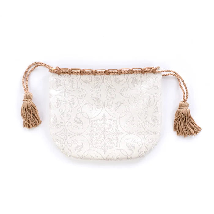 Nishijin Woven Small Drawstring Bag - Grapevine & White Silver | Handmade in Kyoto Japan | Traditional Japanese Craft Purse for Coins, Jewelry & Gifts