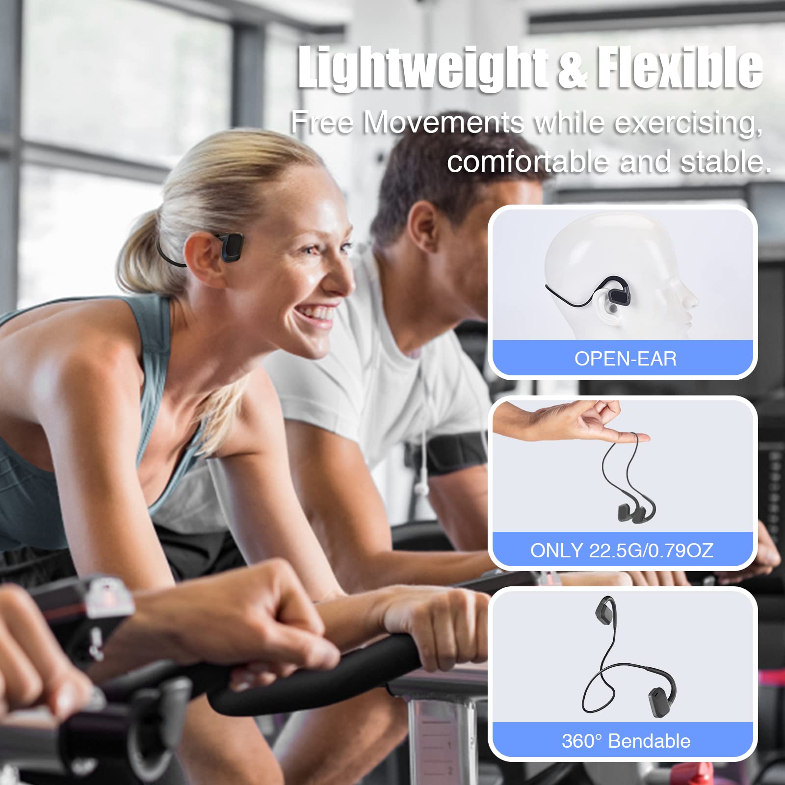 Open Ear Bluetooth Headphones with Mic - Air Conduction Sport Headphones IP67 Waterproof, Wireless 5.3 for Running, Cycling, Gym Workouts - Lightweight Comfort for Outdoor Activities & Travel (Gray)