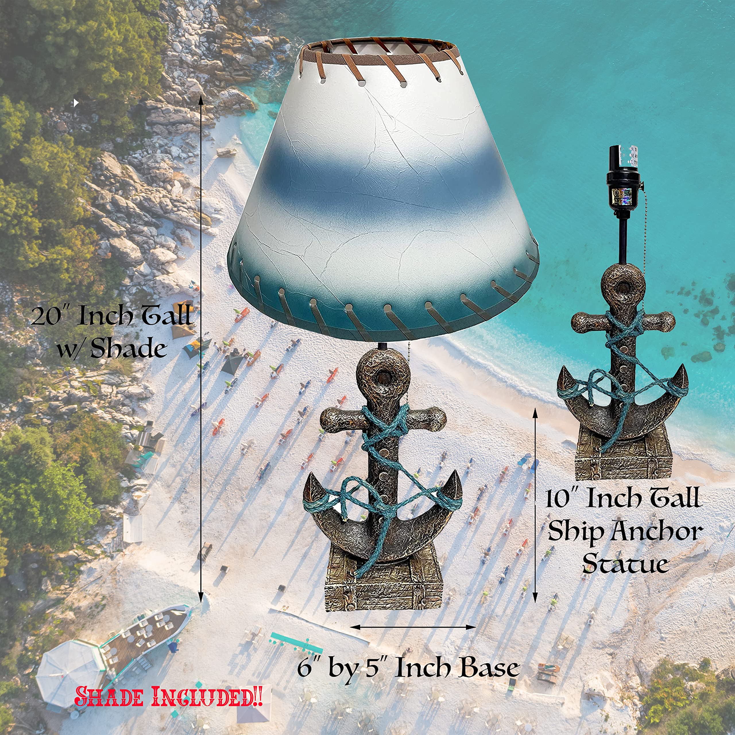 Urbalabs Nautical Anchor Ship Wheel Table Lamp - Ocean Themed End Table & Nightstand Light for Living Room, Bedroom, Office Decor | Coastal Beach House Lighting for Home & Marine Theme Interiors