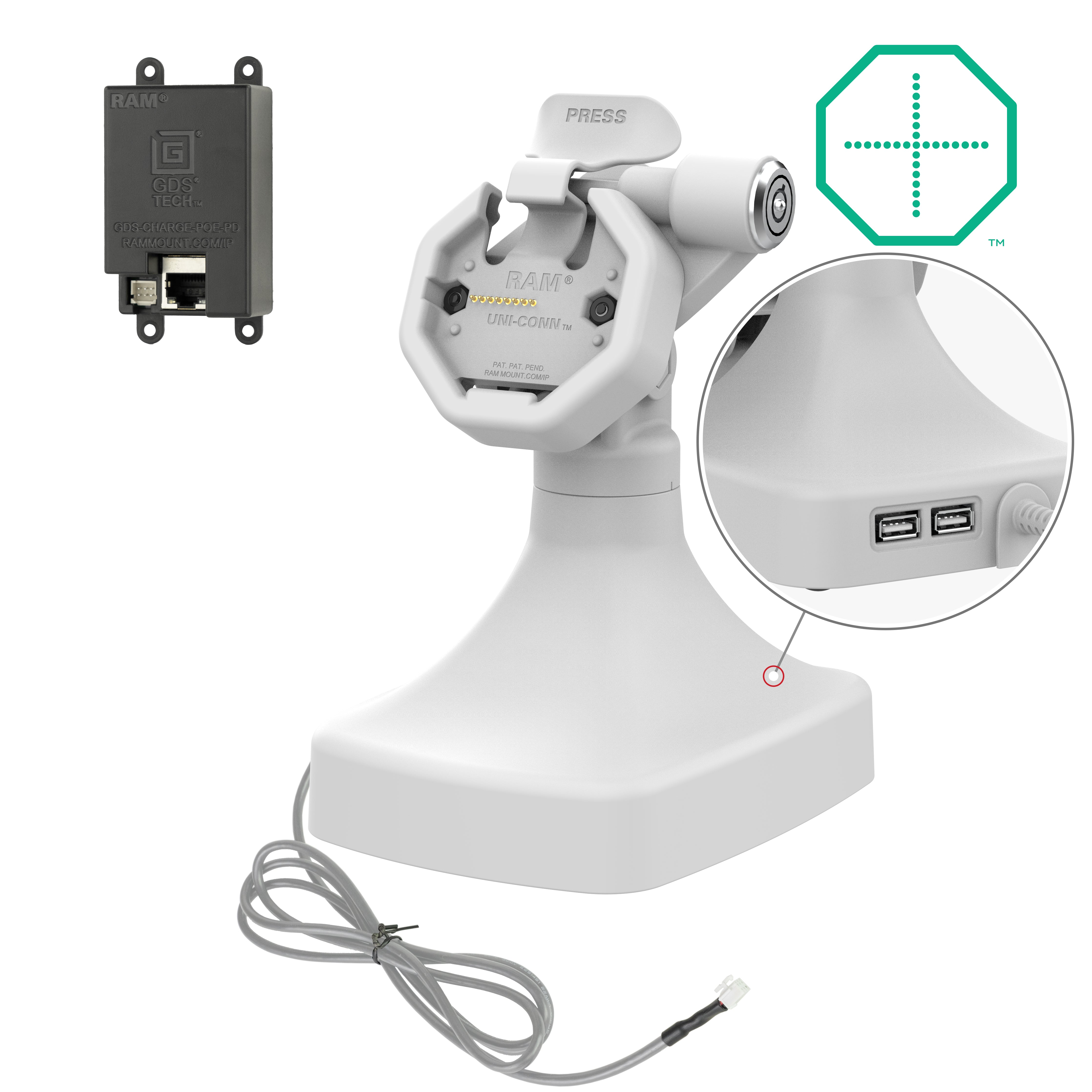 GDS® Uni Conn™ Powered Locking Tilt & Swivel Dock with PoE + Data - Gray (RAM GDS DOCKLR D14 U3E 2A GRY) | Secure Charging Station for Laptops & Tablets in Office & Home Workspaces