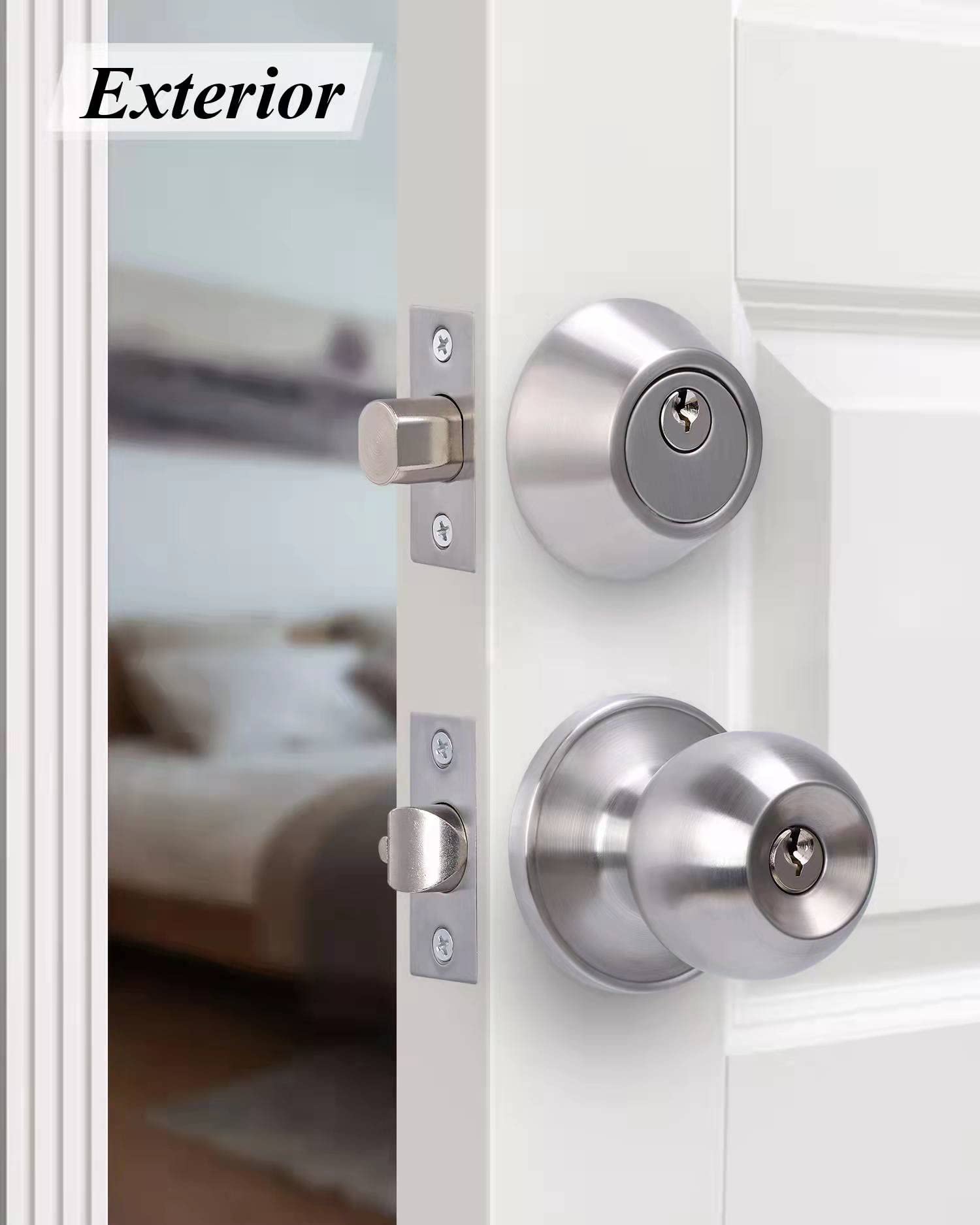 2 Sets Keyed Alike Entry Door Knob & Deadbolt Combo Set - Satin Nickel Round Exterior Door Knobs with Lock & Keys for Front Door Security - Perfect for Home, Apartment & Office Entrance Protection