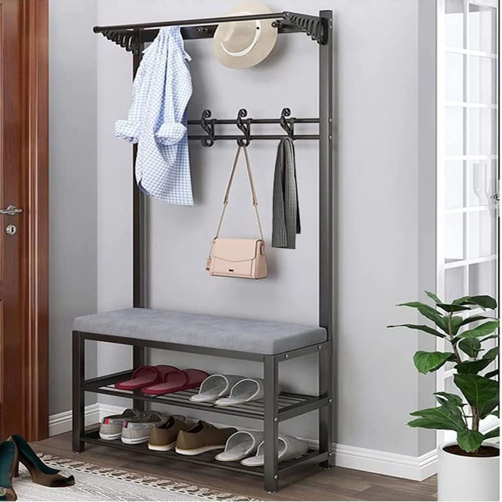 Free Standing Hall Tree with 9 Hooks & 2-Tier Shelves - Coat Rack Shoe Bench for Entryway, Bedroom, Living Room - Sturdy Metal Frame (Black, 100x33x170cm) - Perfect for Organizing Jackets, Shoes & Accessories in Small Spaces