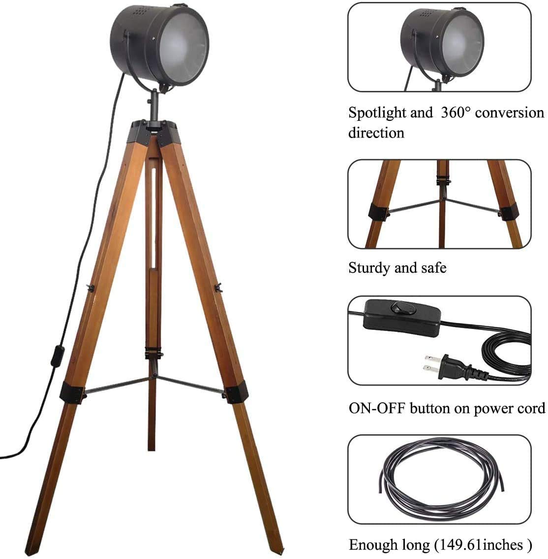 Farmhouse Tripod Floor Lamp - Industrial Adjustable Standing Light with Wooden Legs & Black Metal Spotlight, E26 Fixture for Living Room, Bedroom, Office - Perfect for Reading, Relaxing & Modern Home Decor