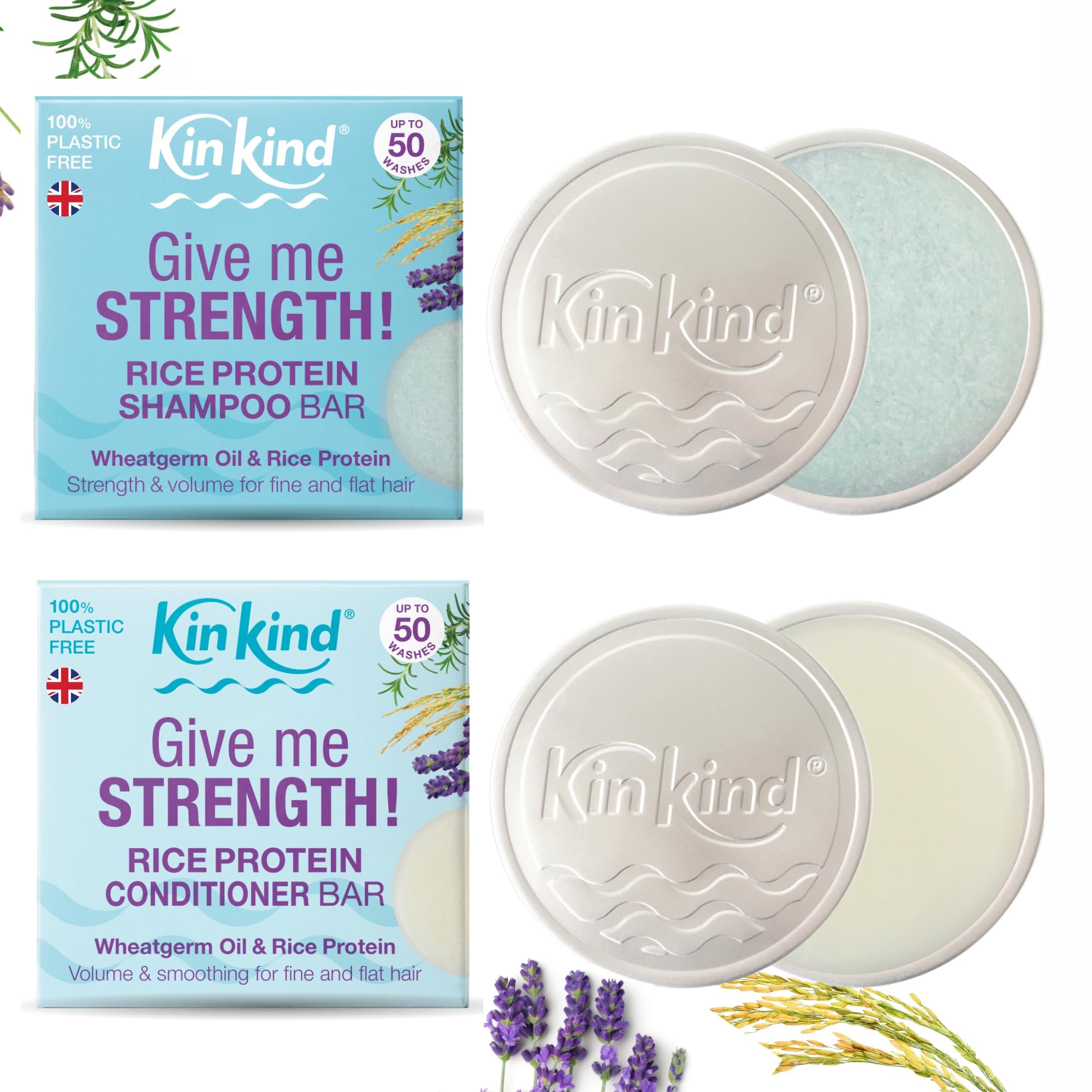 KinKind Give Me Strength! Travel Shampoo & Conditioner Bars Set - 50 Washes, Leak-Proof Tins, Lavender Scent - Perfect for Camping, Gym, Backpacking & Air Travel - Great Gift for Women