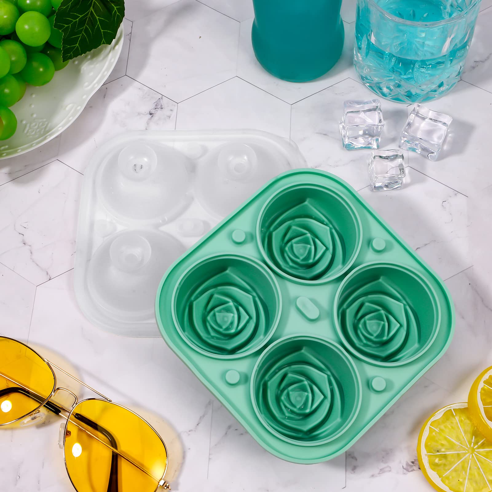 BOWINR 3D Rose Ice Cube Tray - 2.5 Inch Silicone Ice Ball Molds for Whiskey & Cocktails | Easy Release Freezer Safe Ice Maker | Perfect for Summer Parties, Homemade Chilled Drinks & Entertaining | Dishwasher Safe