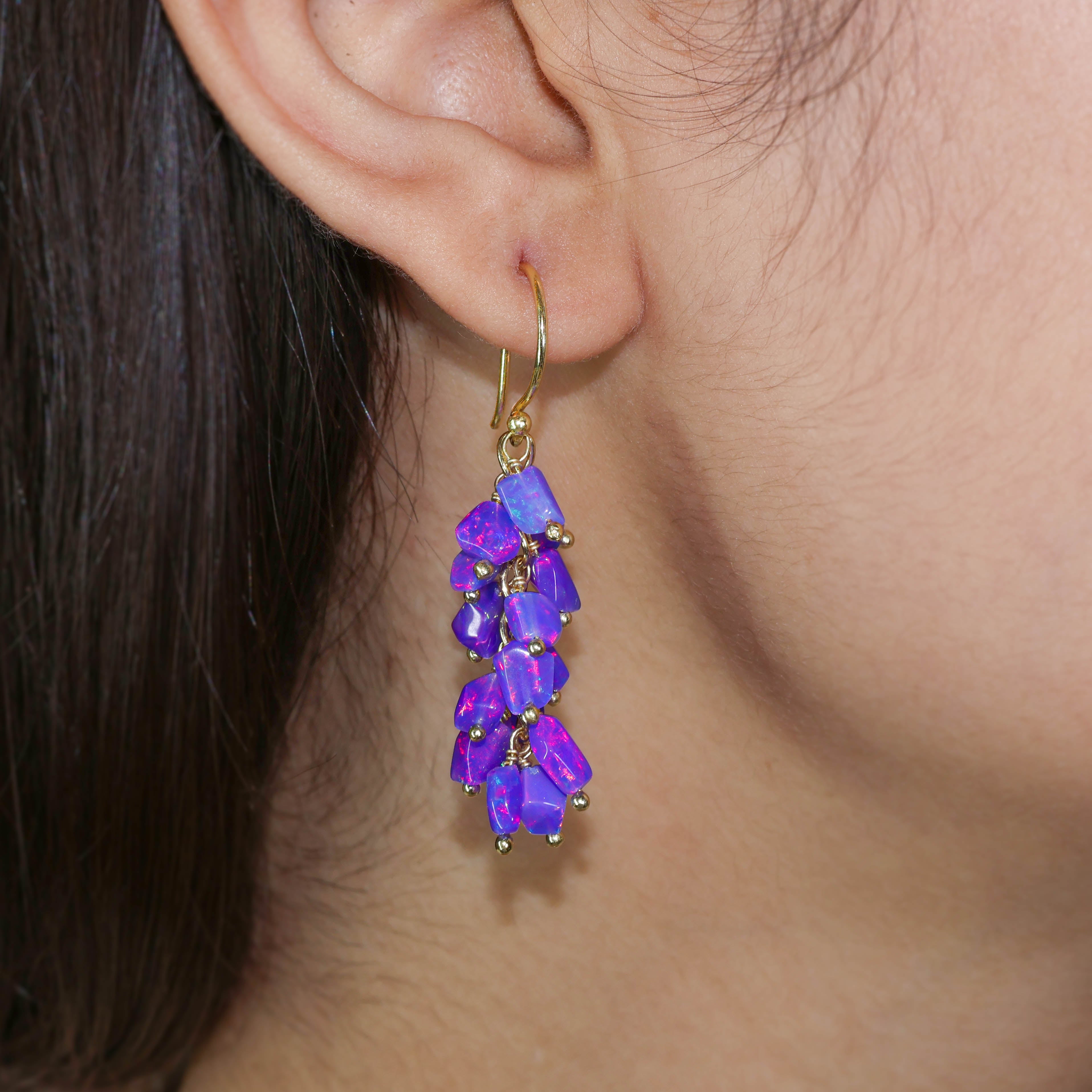Ethiopian Opal Dangle Earrings with Lavender Fire Tumble Cluster - Elegant Handmade Jewelry for Women, Perfect for Parties, Weddings & Special Occasions