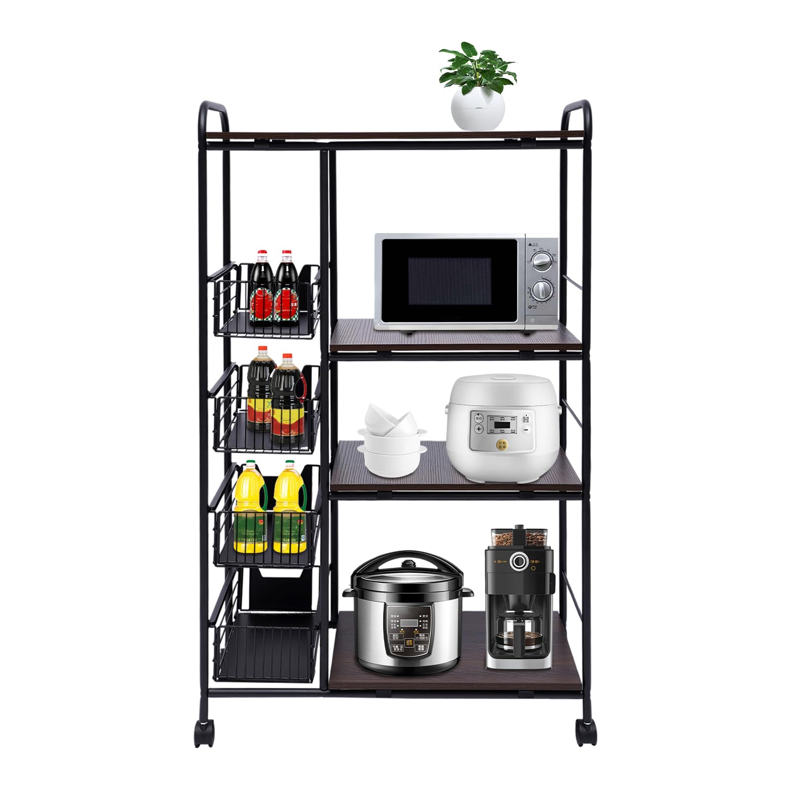 TBVECHI 5-Tier Industrial Kitchen Bakers Rack with Wheels - 45.28 x 27.95 x 13.78 Inch Black Metal Storage Shelf Organizer for Coffee Bar, Pantry & Small Space Kitchen Organization - Perfect for Apartments, Dorms & Home Bakeries