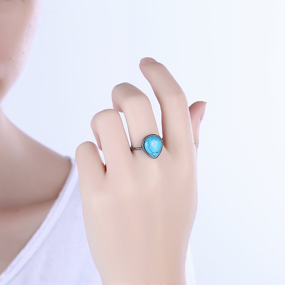 Platinum Plated Black Gun Halo Plain Ring for Women with Kallaite Stone - Blue B501 | Elegant Jewelry Gift for Birthday, Anniversary & Special Occasions