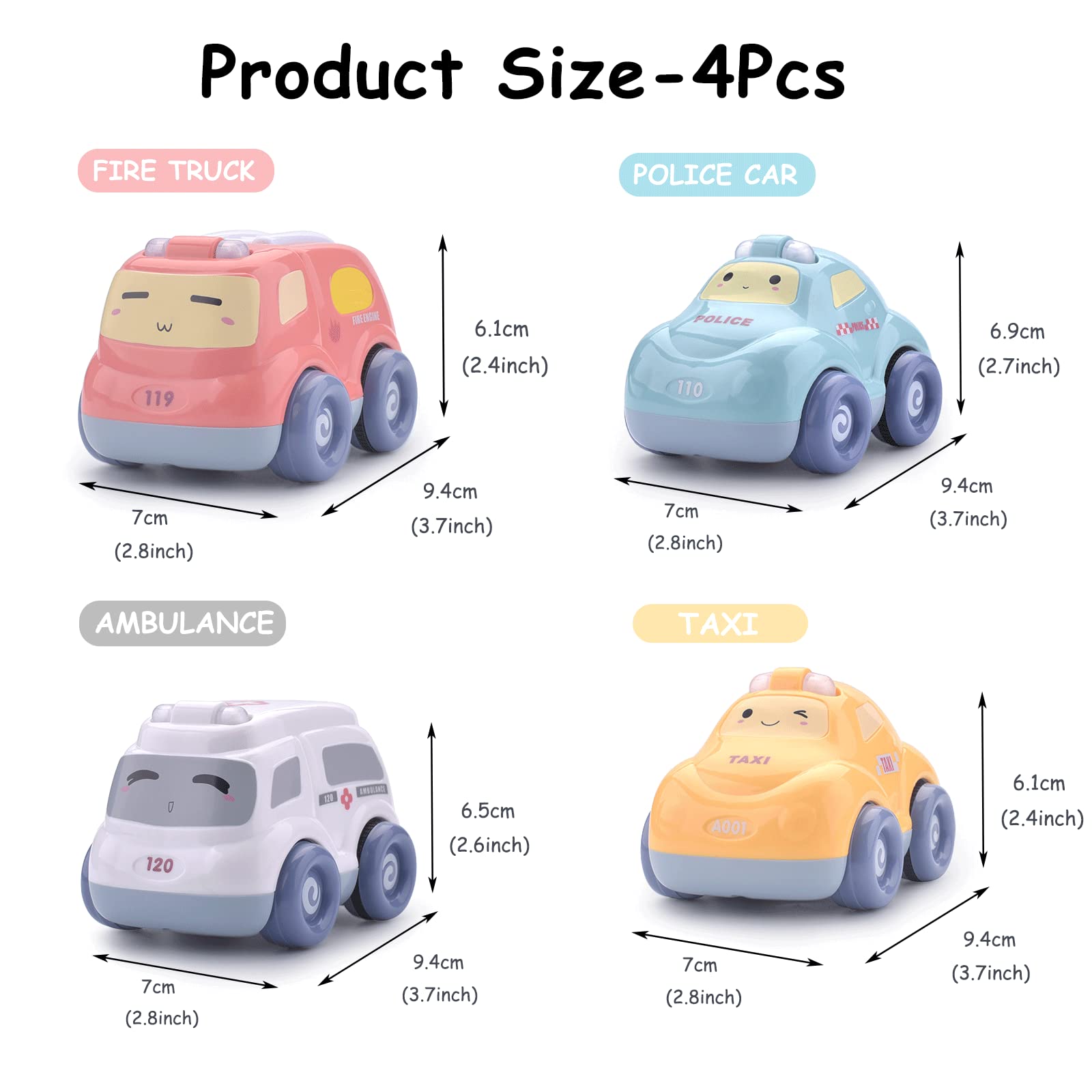 JACKEYLOVE Pull Back Toy Cars for Toddlers 1-3 Years Old - 4PCS Light & Sound Baby Toy Vehicles, First Birthday Gift for Boys & Girls (18-36 Months) - Perfect for Playtime, Learning & Early Childhood Development