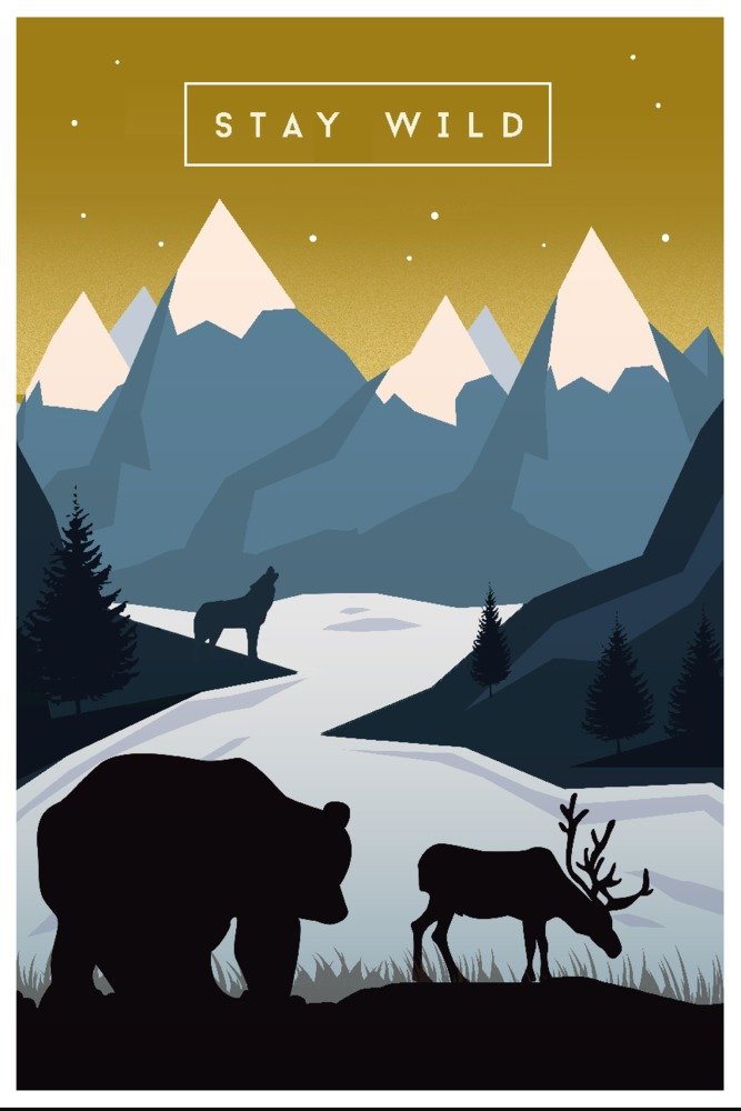 Stay Wild Animal Silhouettes Yellow and Blue 86206 - 24x36 Signed Art Print, Wall Decor Poster for Living Room, Bedroom & Office