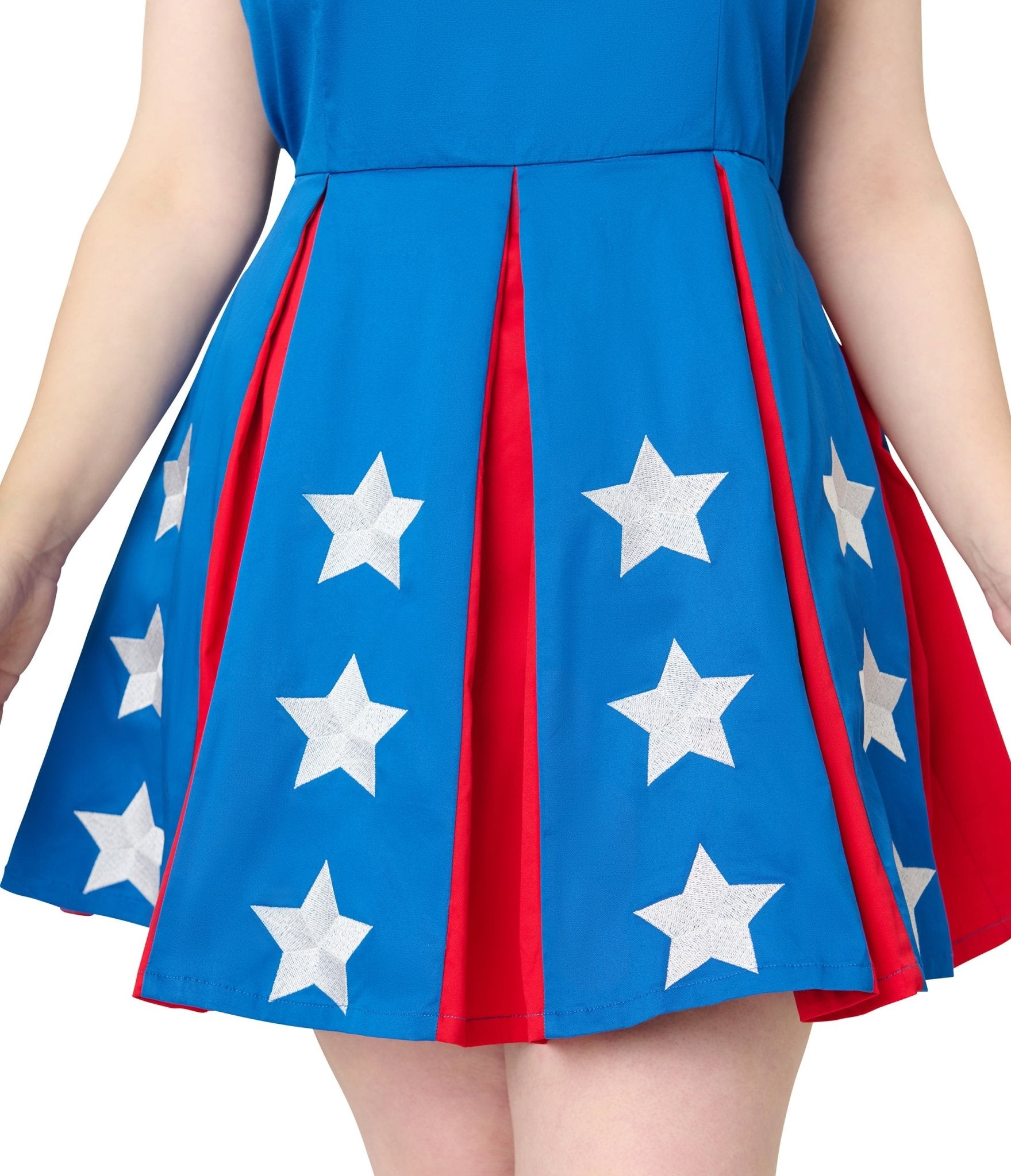 Smak Parlour Plus Size Red, Blue & White Star Print Pleated Skirted Romper Jumpsuit - Casual Summer Outfit for Women, Perfect for Beach, Party & Vacation Wear