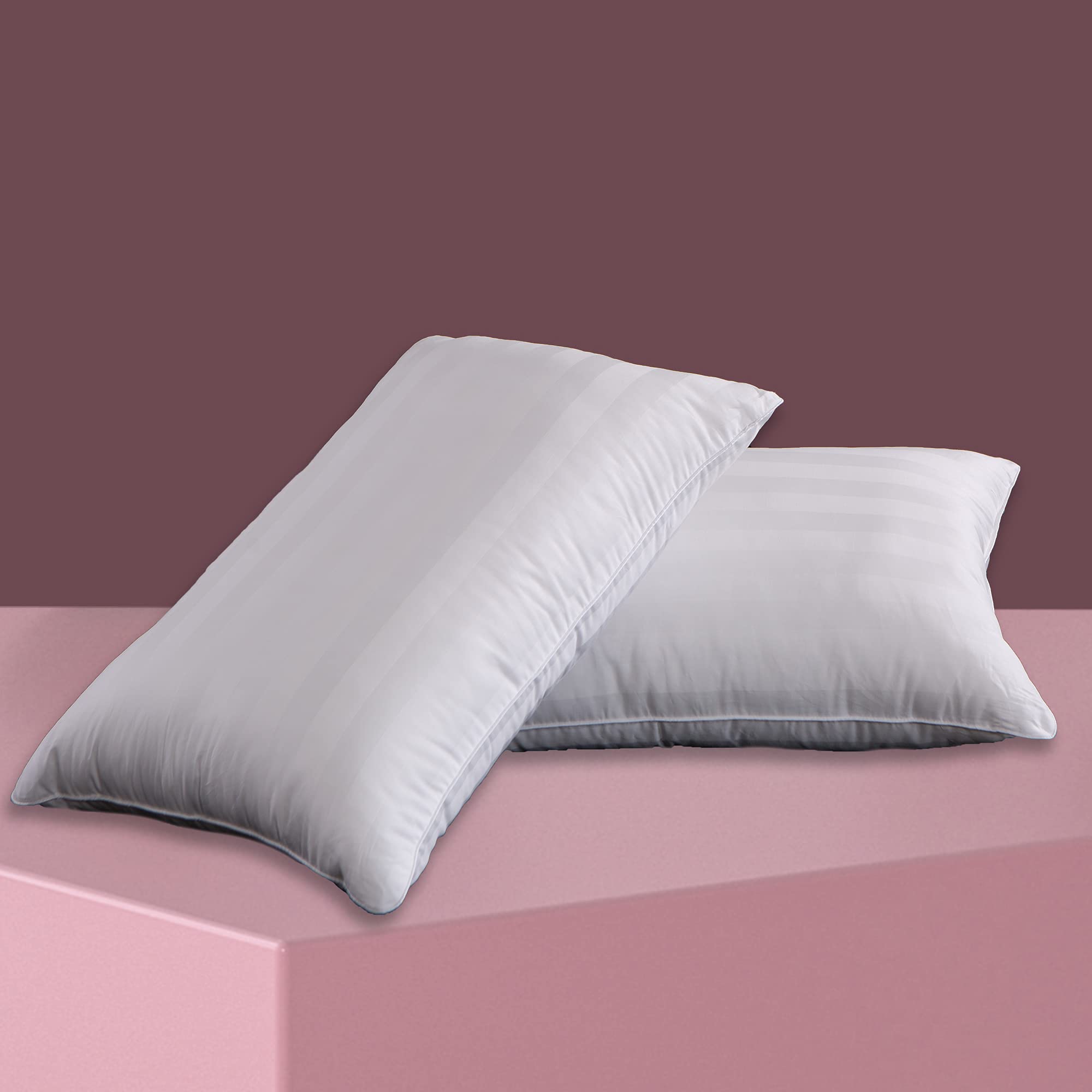 JSELF 2 Pack Queen Size Bed Pillows - Ultra Soft Fiber Filled Sleeping Pillows with Breathable Striped Cotton Covers (20x28 Inches) for Back, Stomach & Side Sleepers - Perfect for Home, Hotel, Dorm & Travel Use
