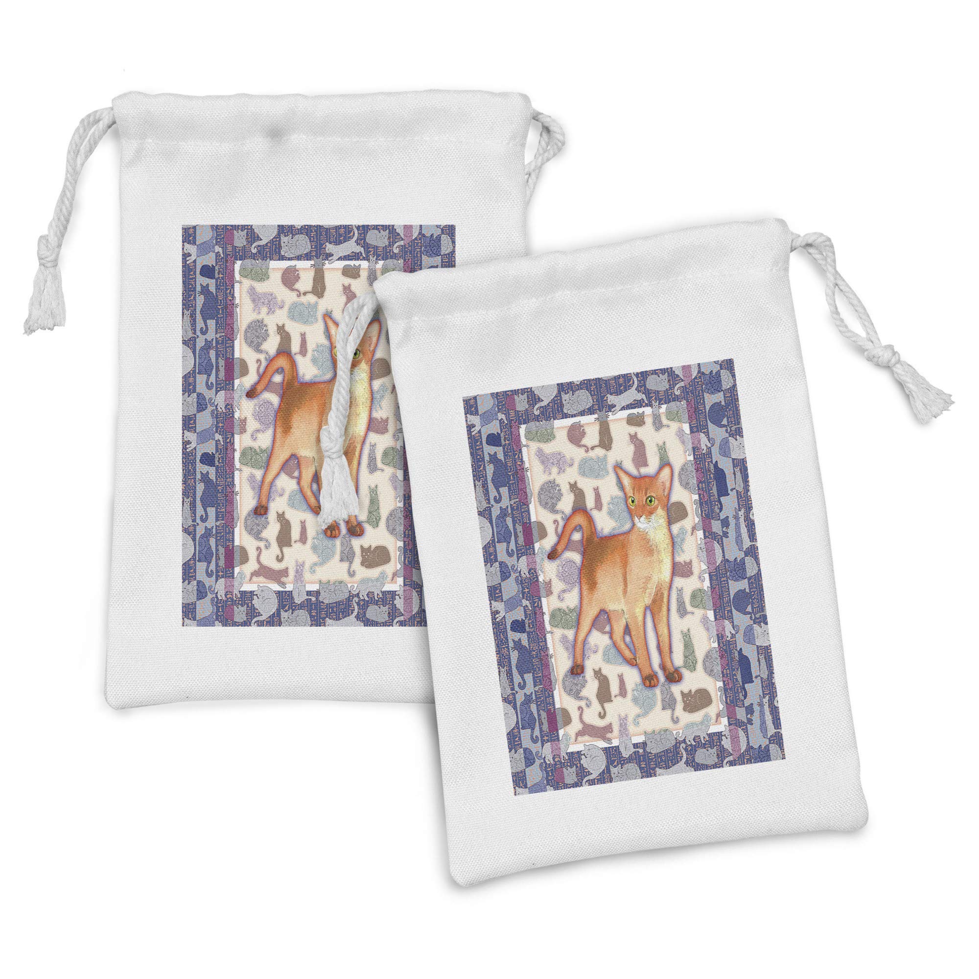 Ambesonne Animal Fabric Pouch Set of 2 - Cat Themed Drawstring Bags with Floral & Tribal Stripes Pattern (9