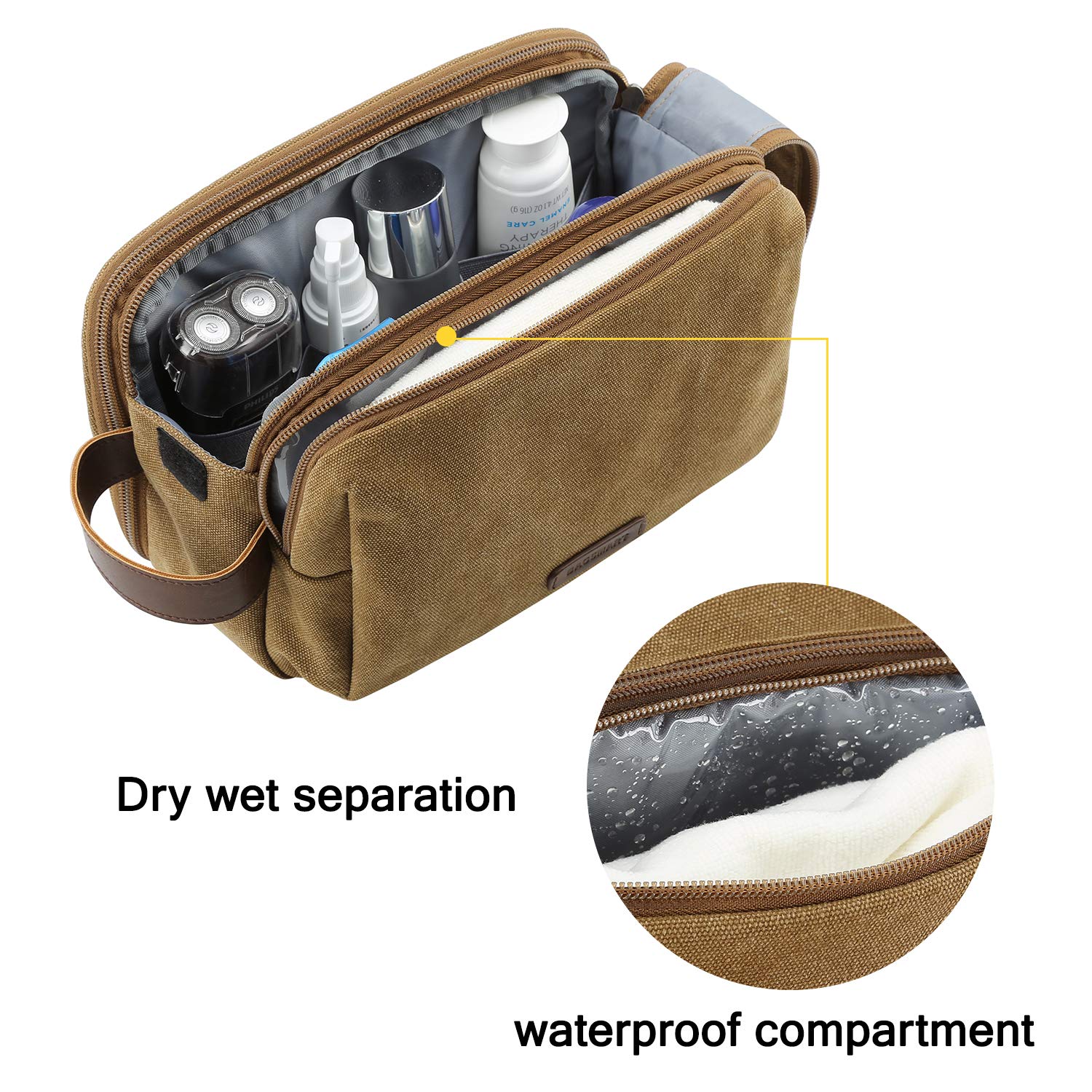 BAGSMART Men's Water-Resistant Canvas Toiletry Bag - Travel Shaving Dopp Kit Organizer for Toiletries Accessories, Khaki (Medium Size) | Perfect for Business Trips, Gym & Weekend Getaways