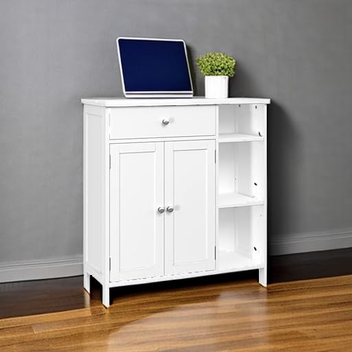 Irontar White Bathroom Cabinet with Doors & Drawer - Adjustable Shelf Floor Storage Cabinet for Bathroom, Kitchen, Living Room & Entryway - Perfect for Organizing Towels, Toiletries & Home Essentials