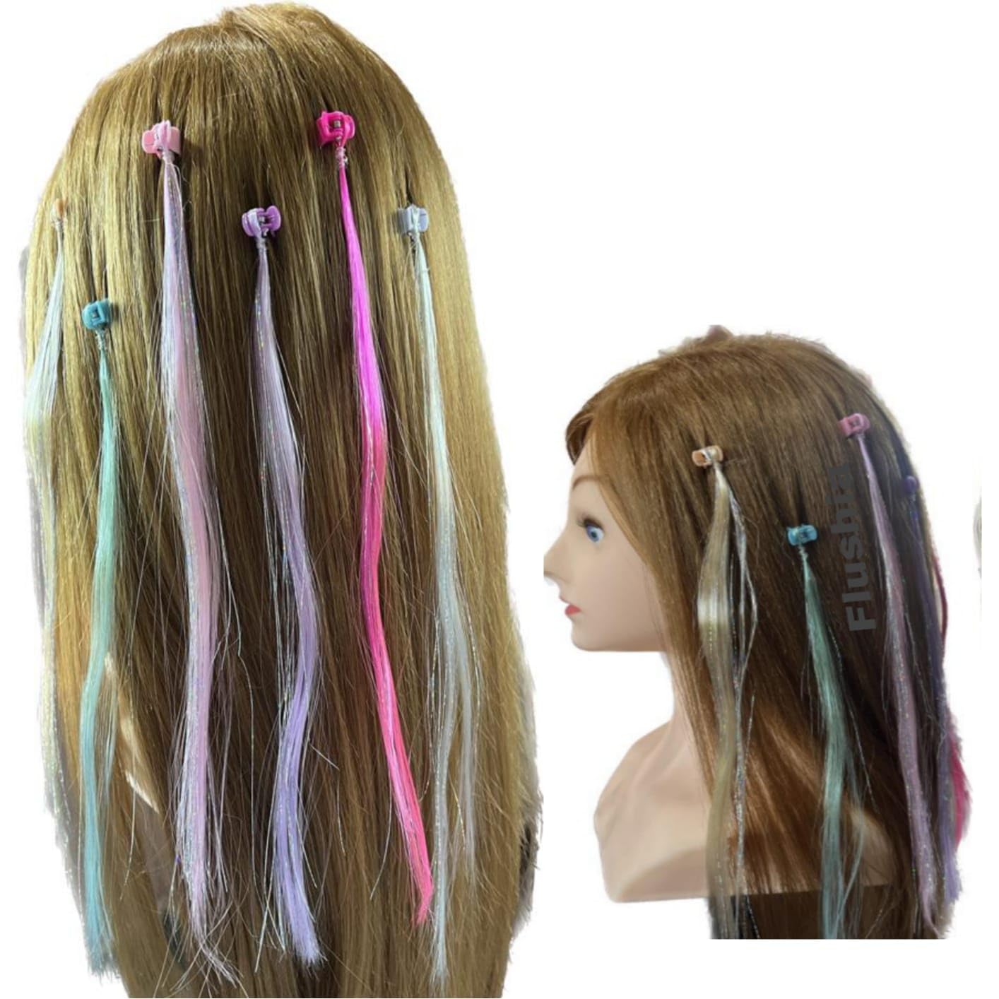 **Flushia® 6-Piece Hair Tinsel Set - 6 Colors, Fairy Glitter Hair Extensions for Girls & Kids | Shimmering Hair Highlights, Braid & Clip Accessories | Perfect for Parties, Halloween & Everyday Play**