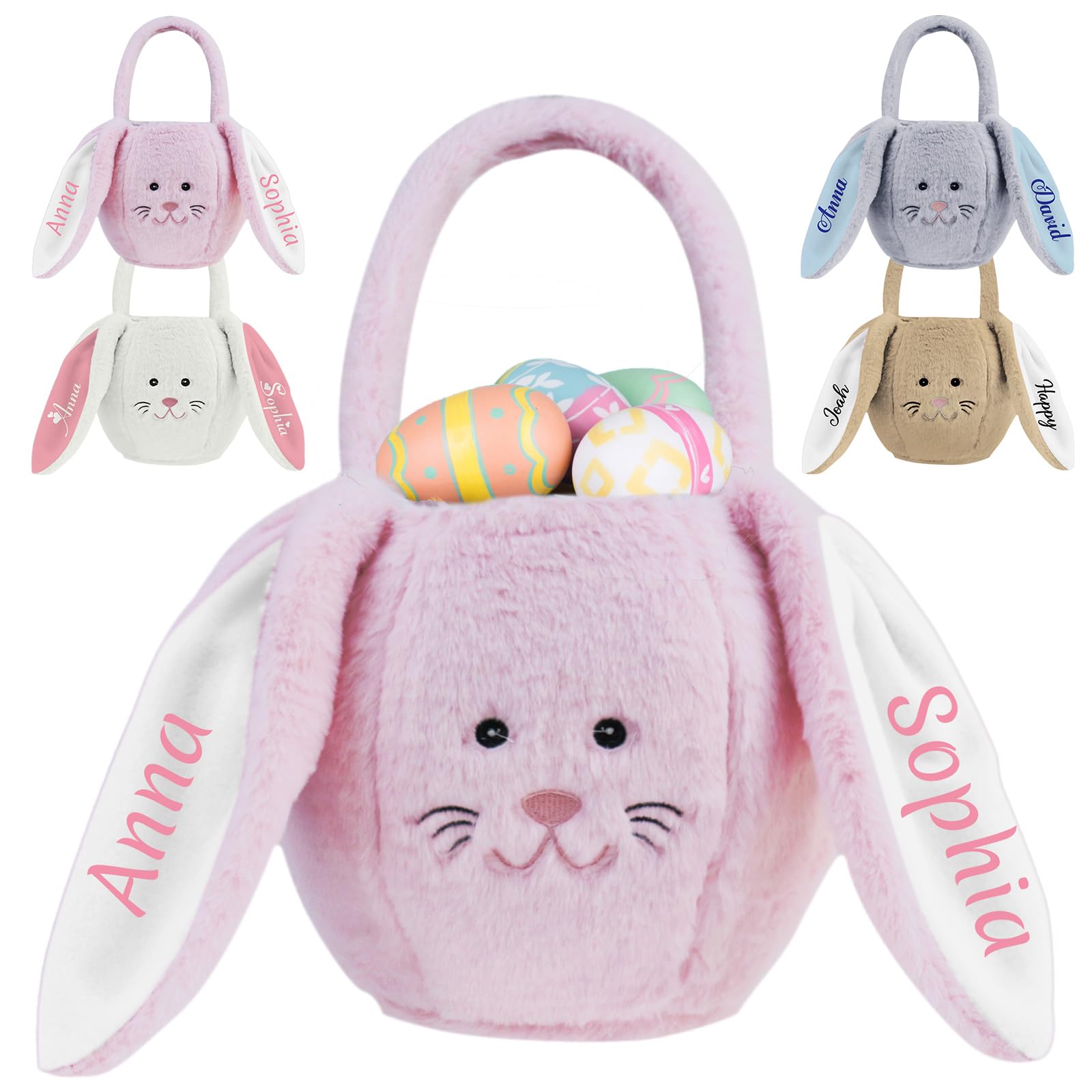 Personalized Easter Basket with Handle - Custom Name Easter Plush Bunny Ear Gift Bag for Boys & Girls (Pink) - Perfect for Easter Egg Hunts, Spring Celebrations & Holiday Gifting