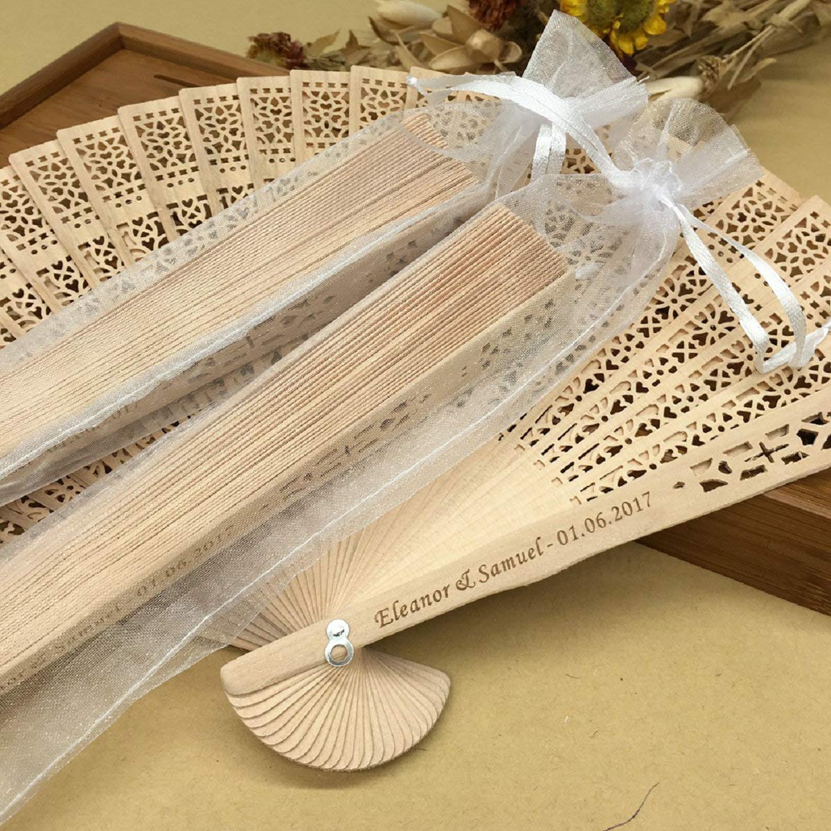 10pcs Personalized Wooden Wedding Fans - Custom Engraved Japanese Folding Fans for Bridal Party, Birthday & Engagement Gifts - Elegant Wedding Favors for Guests - Perfect for Outdoor Ceremonies, Photo Props & Cultural Events