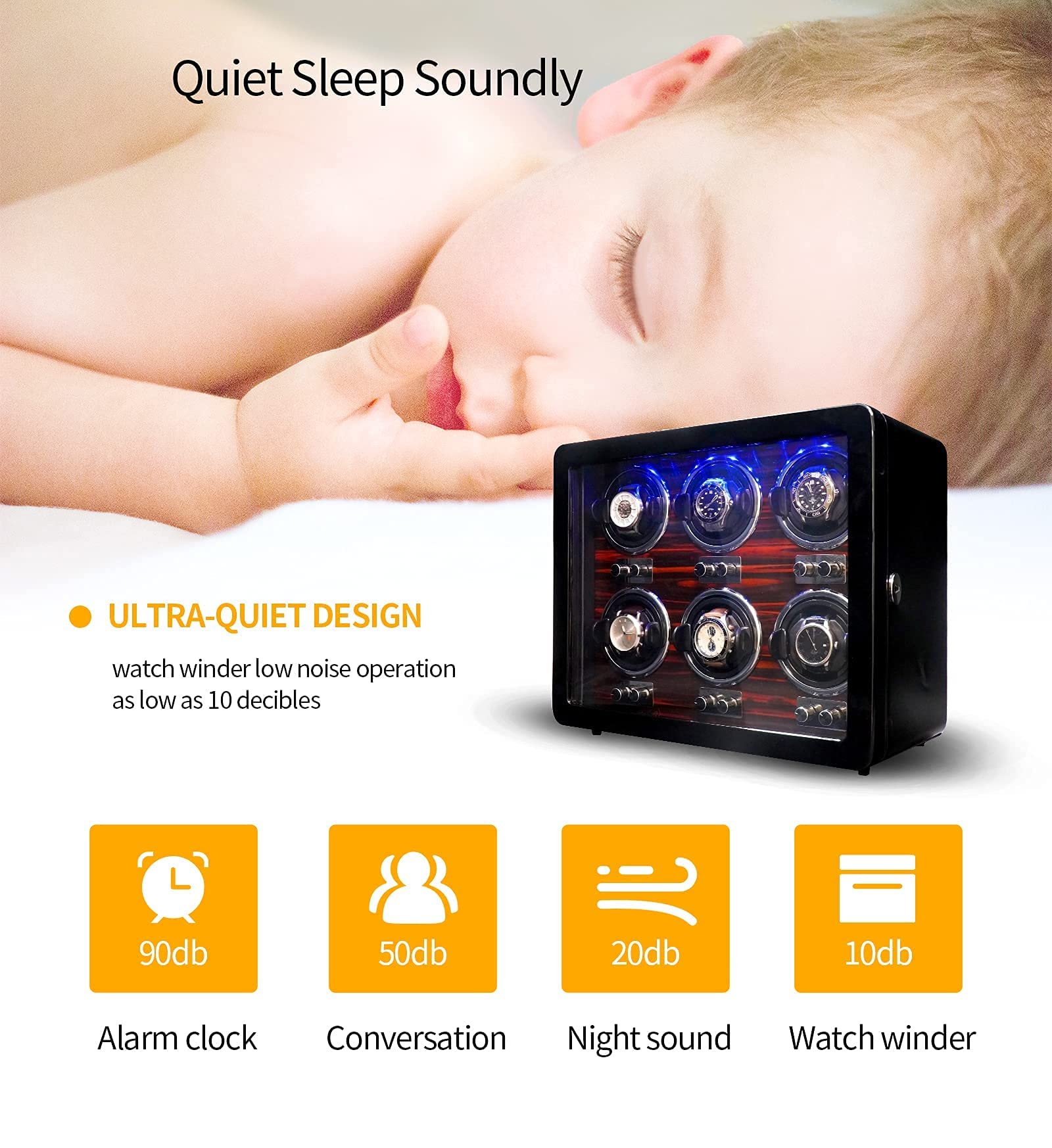 Premium Oryx 6 Automatic Watch Winder - Wooden Rotating Watch Box with 15 Rotation Modes, LED Display & Super Quiet Mabuchi Motor (AC/USB Powered) - Perfect for Automatic Watch Storage, Display & Maintenance at Home/Office