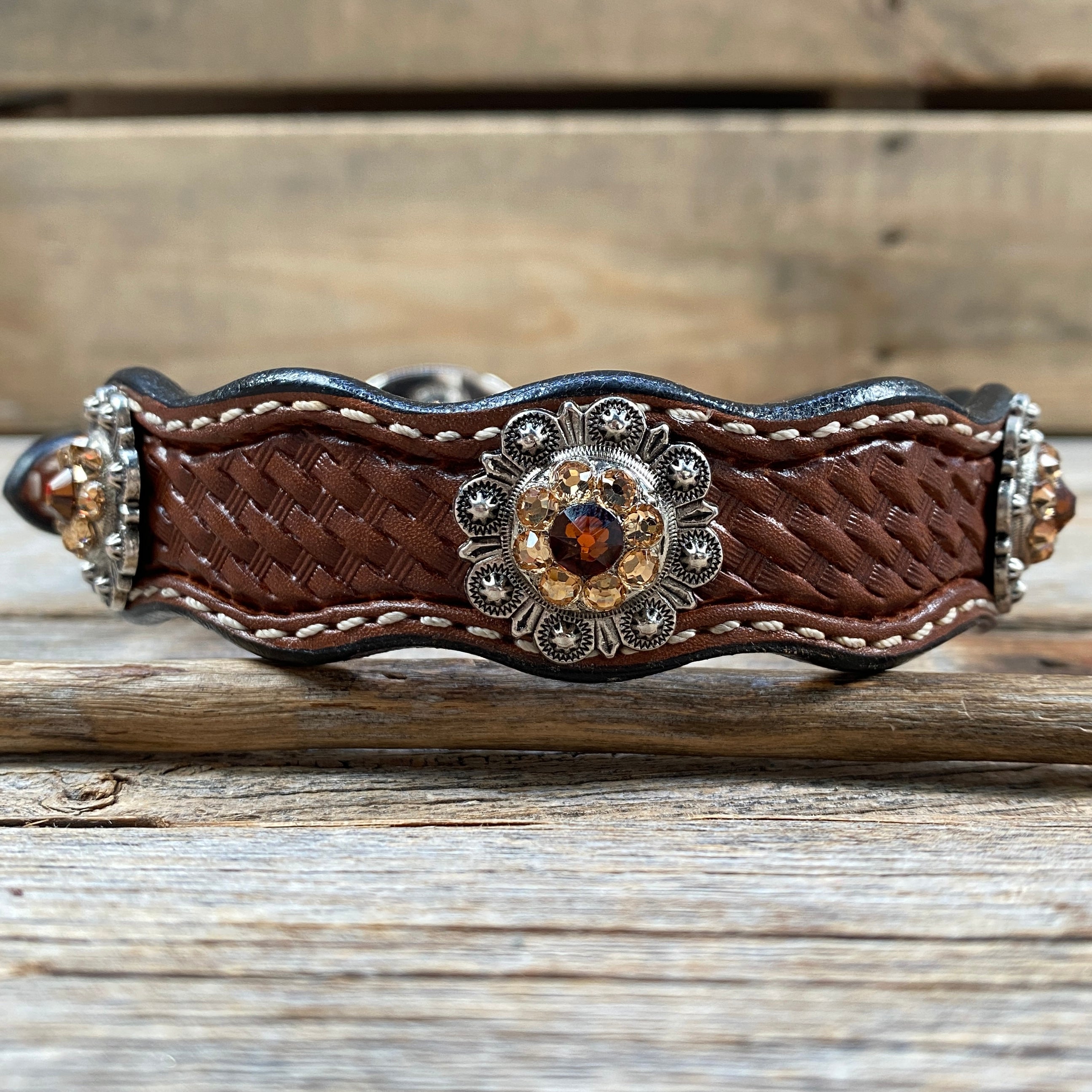 Premium Genuine Leather Dog Collar with Antique Silver Topaz & Champagne Conchos - Adjustable 10