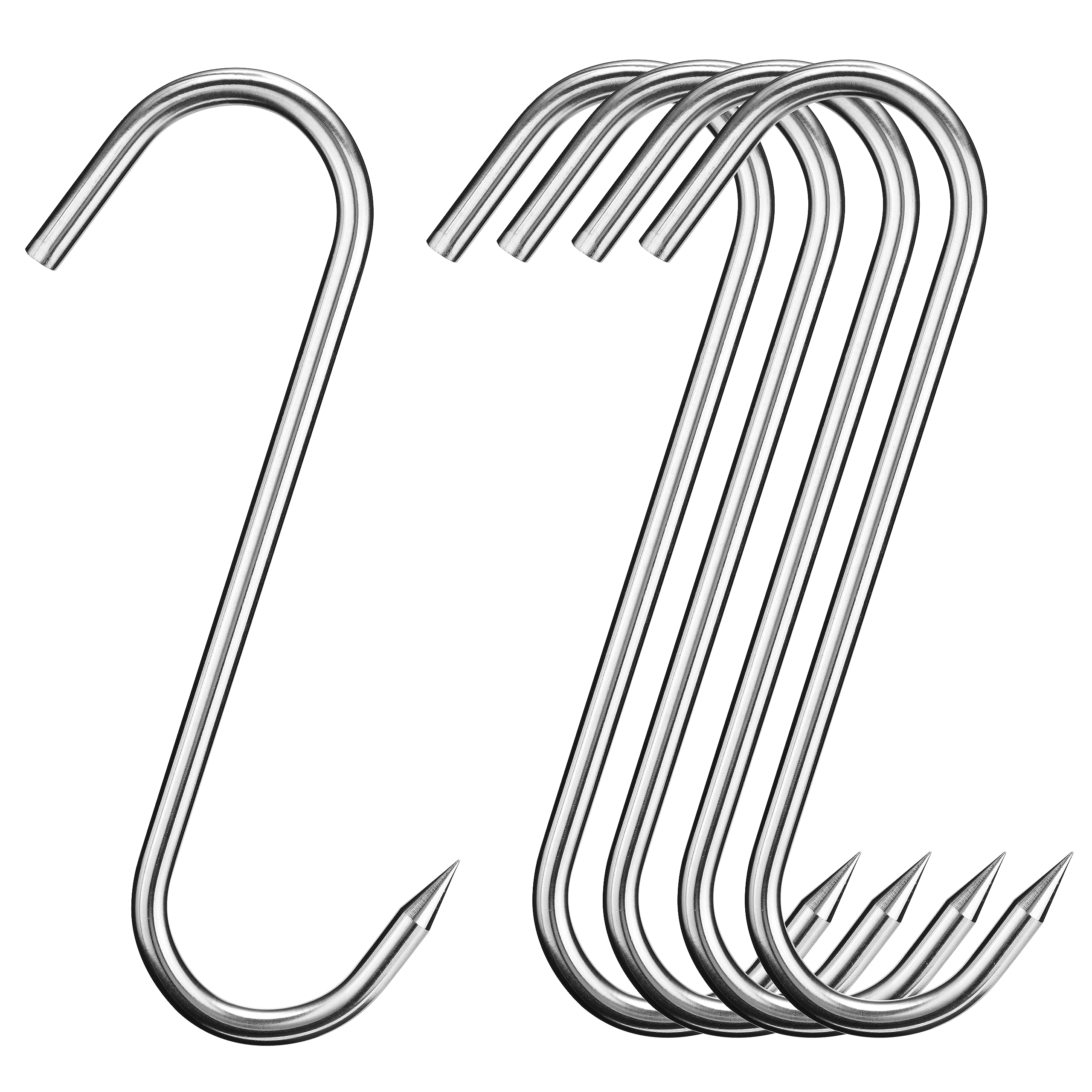 10 Inch Stainless Steel Meat Hooks (5 Pack) - Heavy Duty S-Shaped Butcher Hooks for Hanging Bacon, Smoking Ribs, Drying Meat - Perfect for BBQ Grilling, Hunting, Kitchen & Slaughterhouse Use